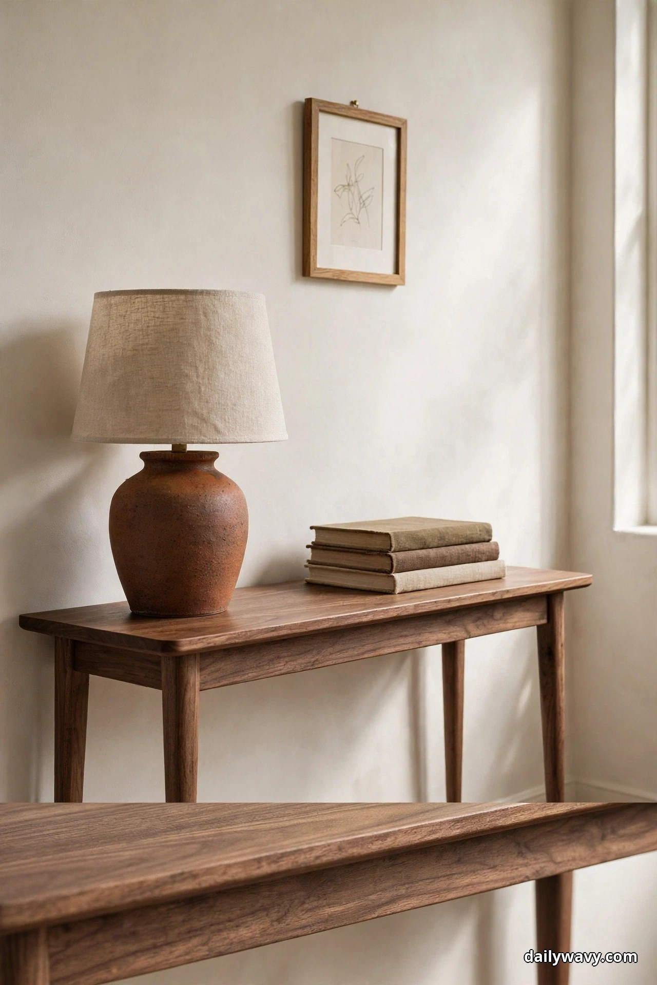 A slim walnut console with tapered legs holds a rust-glazed ceramic lamp with a linen shade and a stack of three books, with a small framed botanical print on the wall above