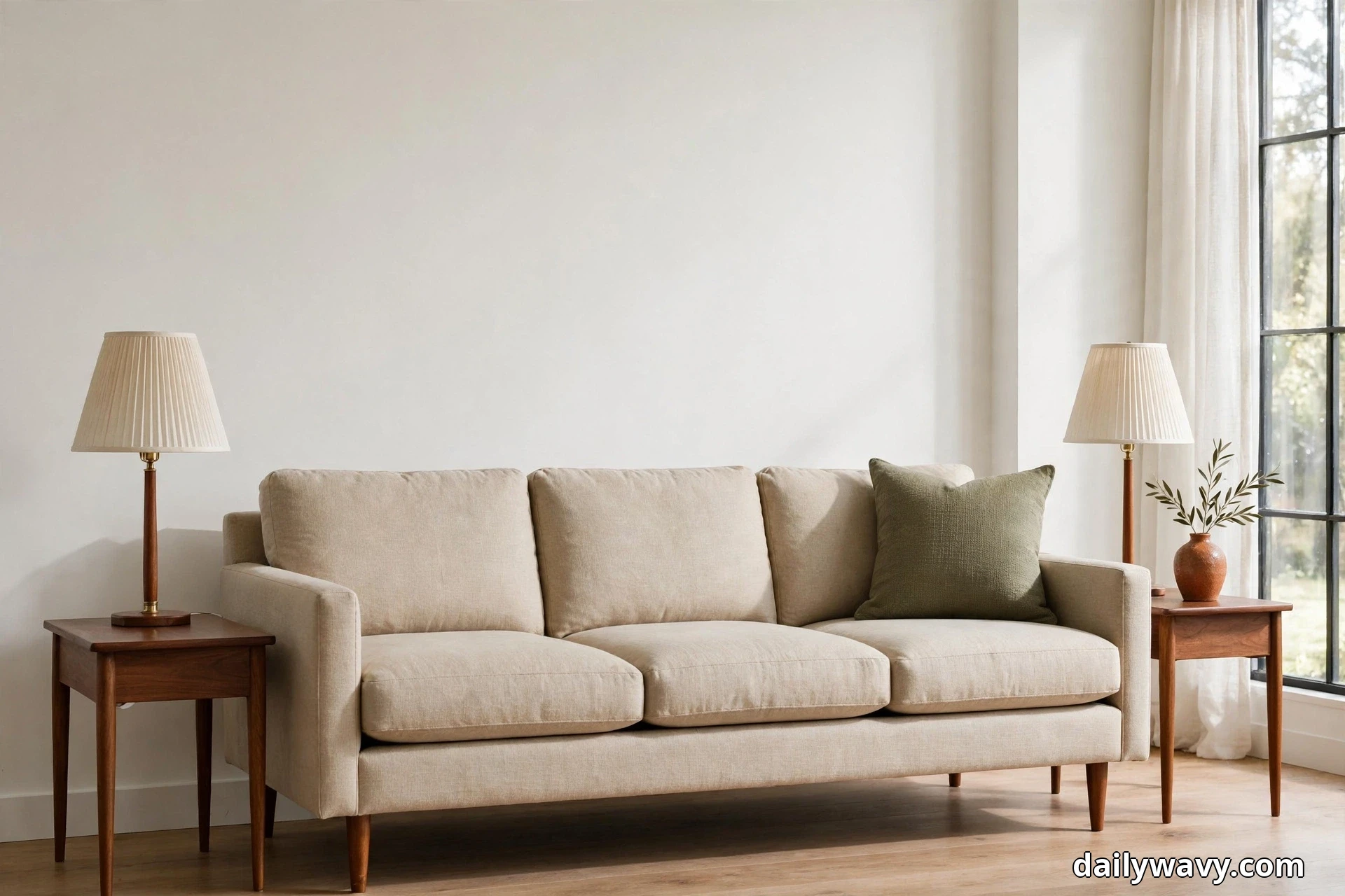 A wide view shows a low oatmeal three-seat sofa with tapered walnut legs and an olive cushion, flanked by pleated-shade table lamps on walnut side tables beside a tall window