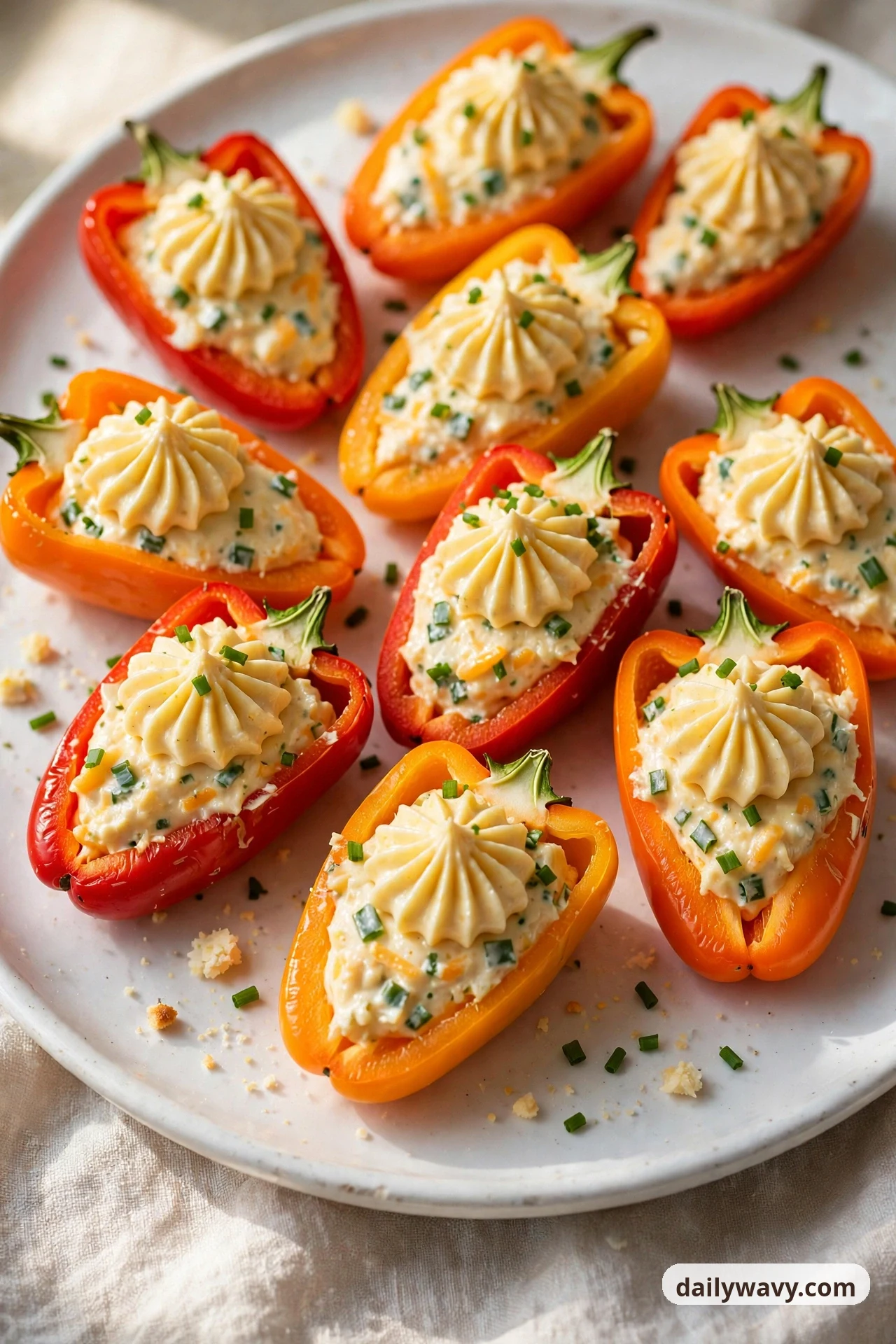 A closer view of mini sweet pepper halves on a white plate, each filled with cheddar and chive cream cheese piped into a swirl and sprinkled with snipped chives.