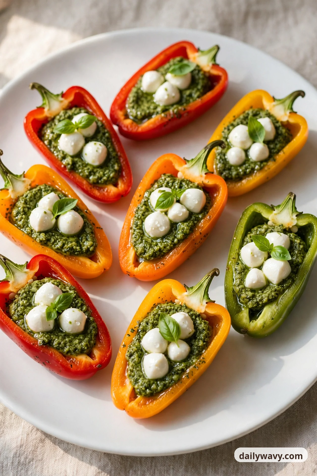 Mini sweet pepper halves on a white plate are spread with basil pesto and topped with fresh mozzarella pearls and small basil leaves.