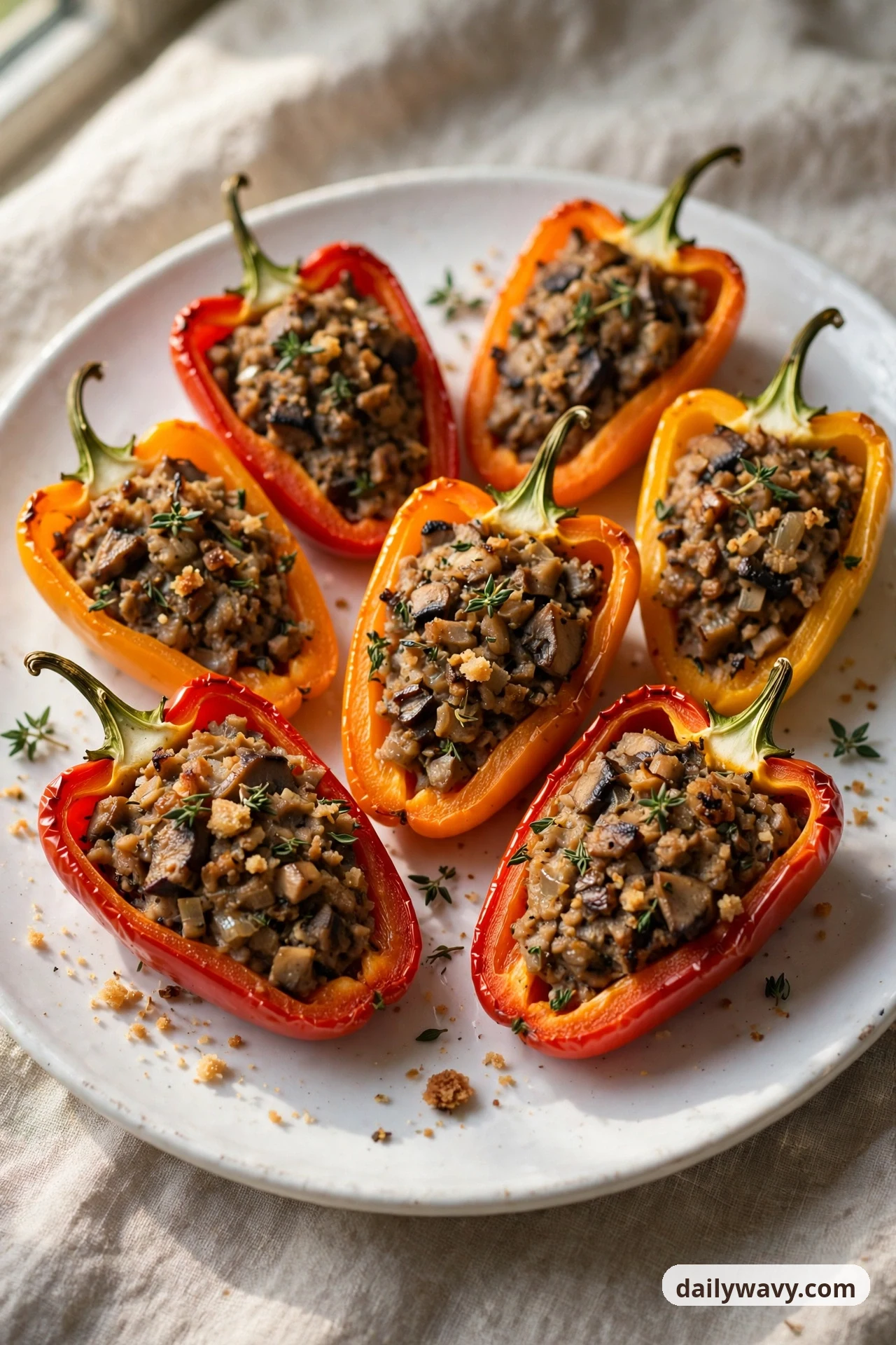 Mini sweet pepper halves on a white plate are filled with a finely chopped browned mushroom mixture and scattered with thyme leaves.