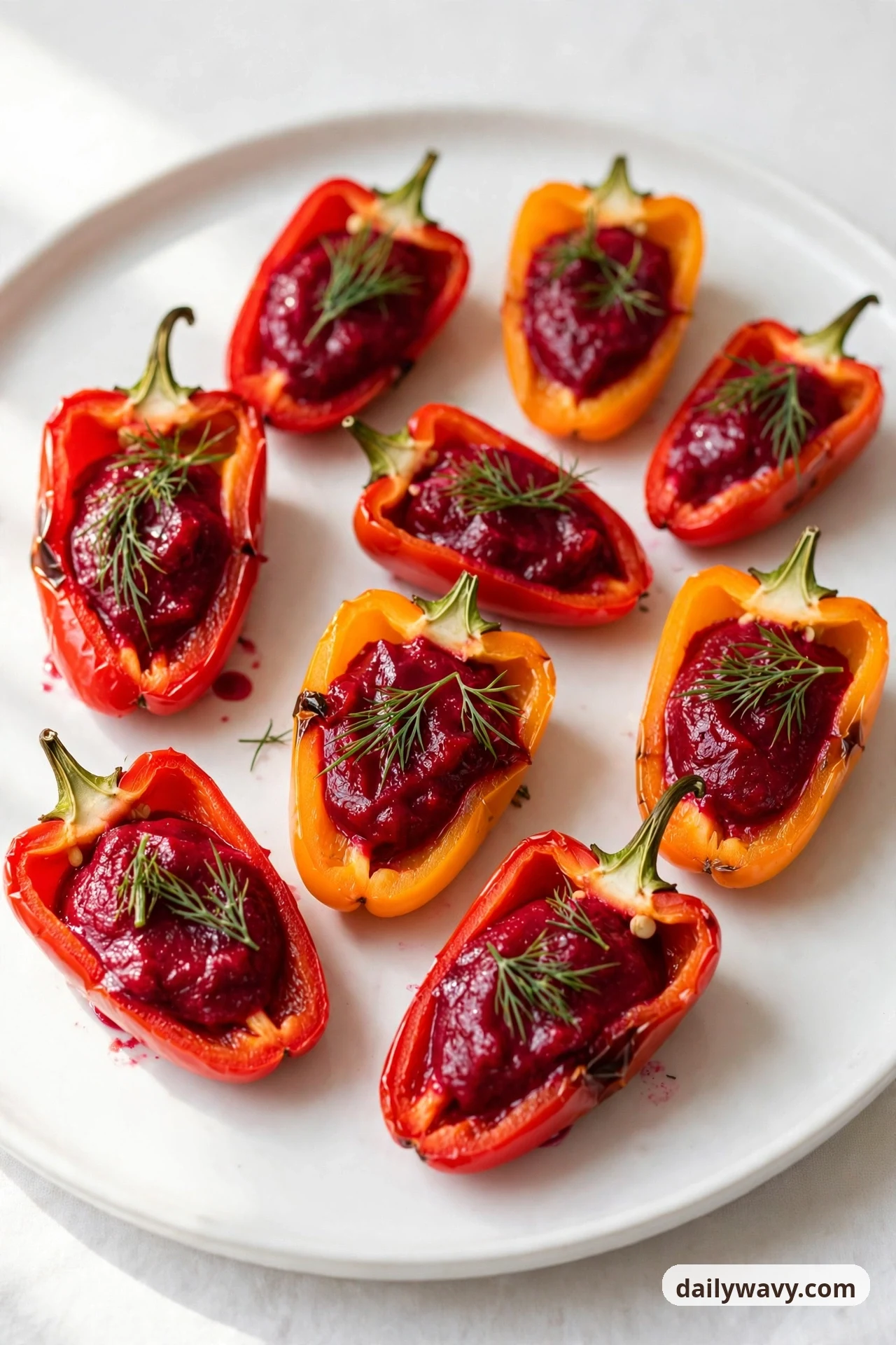 Mini sweet pepper halves on a white plate are filled with a smooth deep-red beet puree and topped with dill fronds.