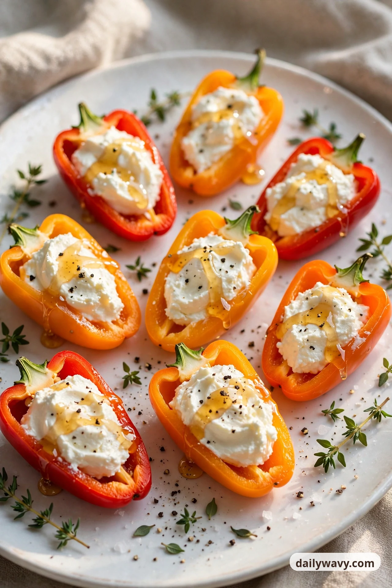 Mini sweet pepper halves on a white plate are filled with whipped feta, drizzled with honey and scattered with thyme leaves and cracked black pepper.