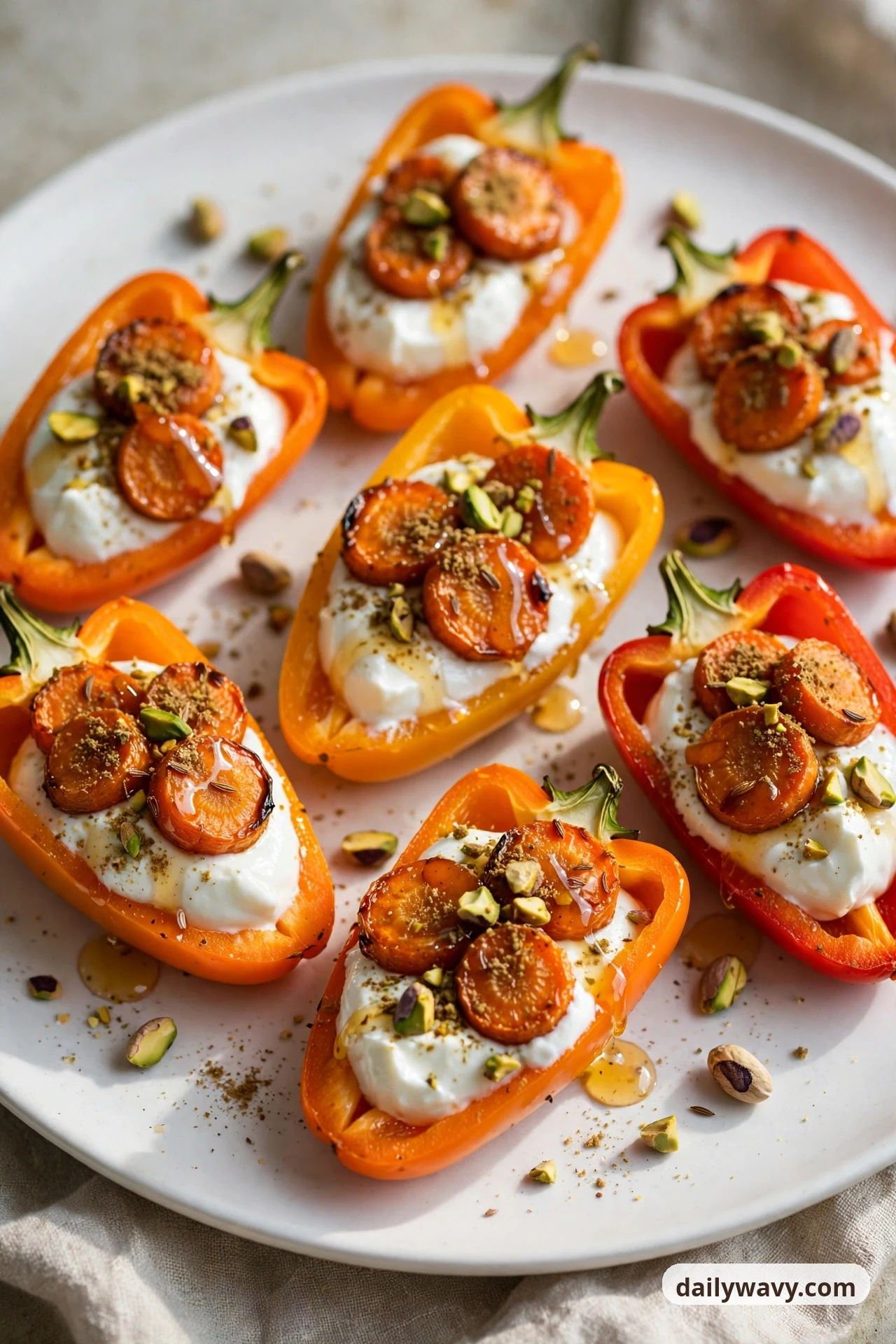 Mini sweet pepper halves on a white plate are filled with yogurt and topped with roasted carrot coins, chopped pistachios, a drizzle of honey and a dusting of cumin.