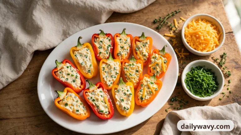 A white platter of halved red, orange and yellow mini sweet peppers filled with cheddar and chive cream cheese sits on a wooden table beside small bowls of shredded cheddar and snipped chives.