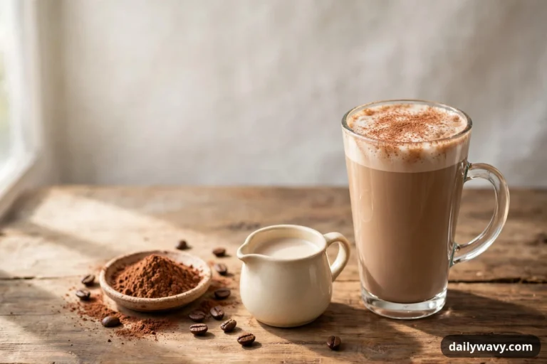 A mocha latte with cocoa-dusted foam fills a tall glass mug on a wooden table, with a small pitcher of milk, a dish of cocoa powder, and scattered coffee beans beside it.