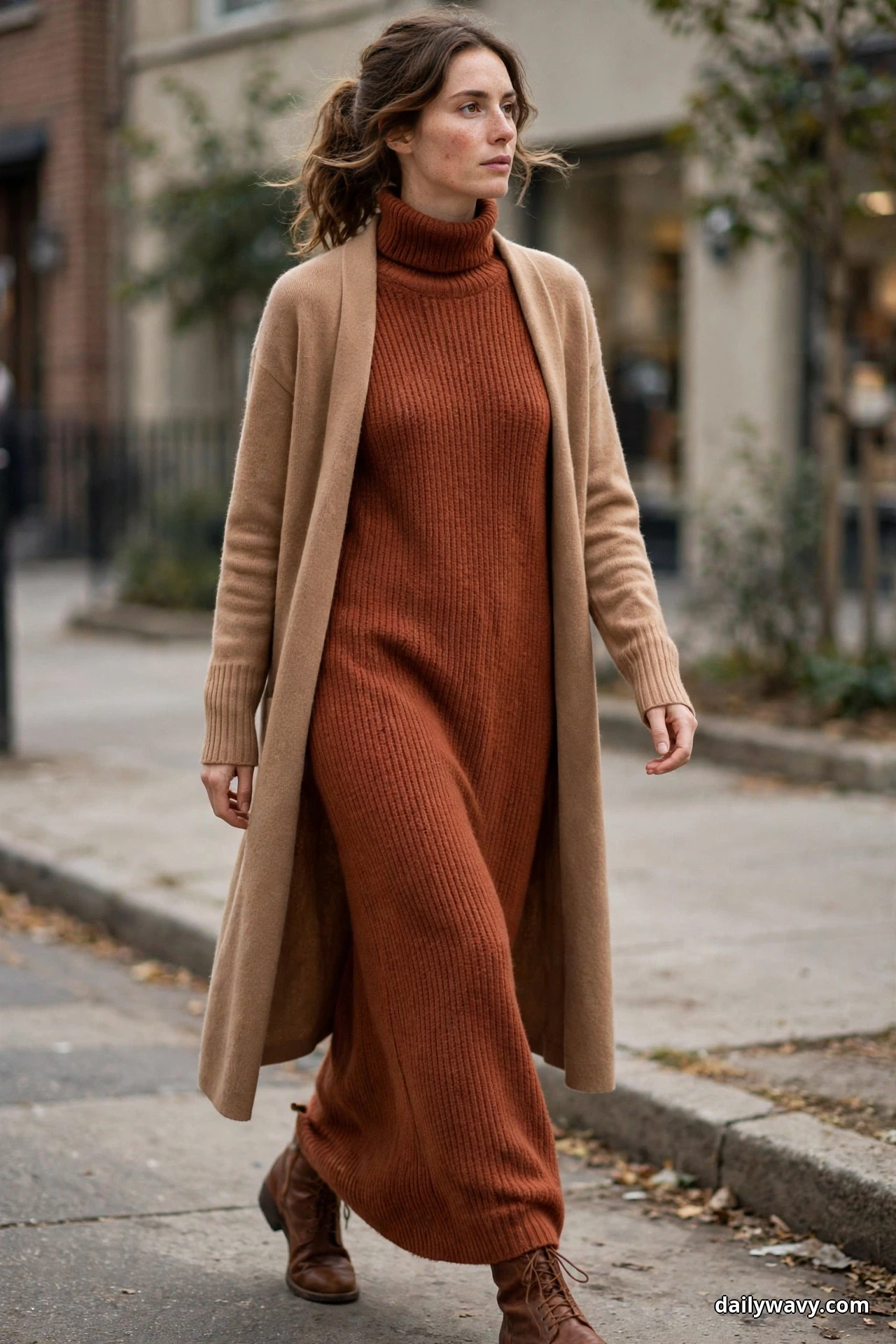 A woman walks along a city sidewalk wearing a rust ribbed turtleneck knit maxi dress under a long camel open cardigan, with brown leather ankle boots