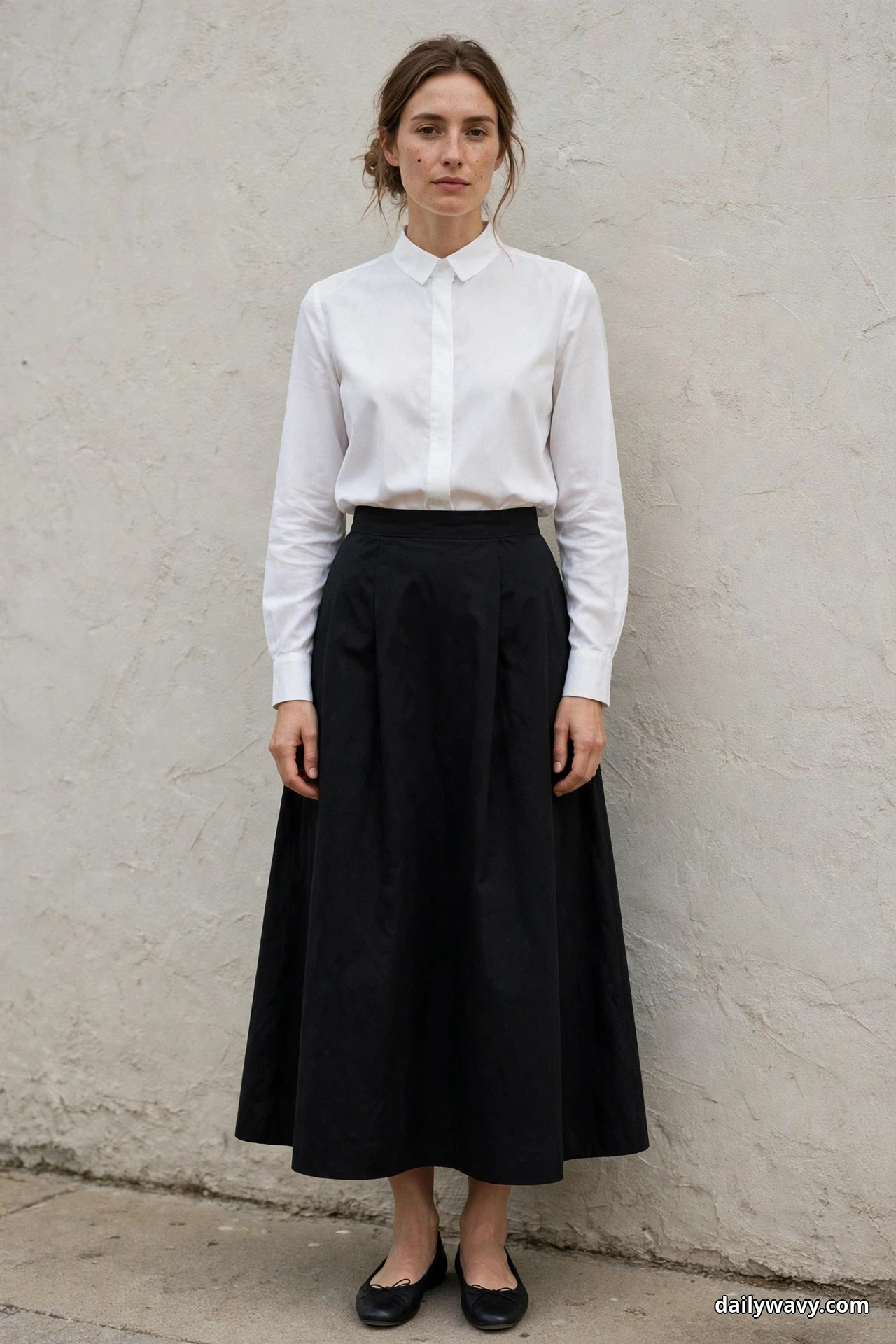 A woman stands against a textured wall wearing a white long-sleeve collared blouse tucked into a black A-line long skirt, with black ballet flats