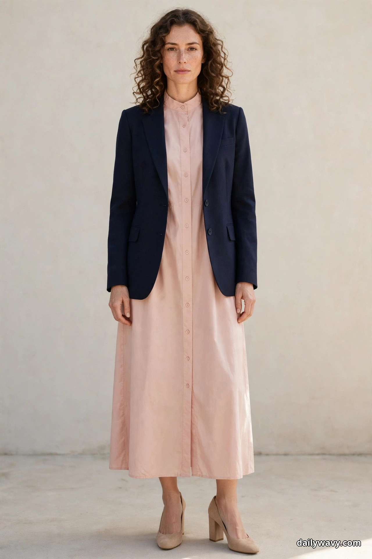 A woman stands full length wearing a blush-pink button-front shirt dress under a navy tailored blazer, with nude block heels