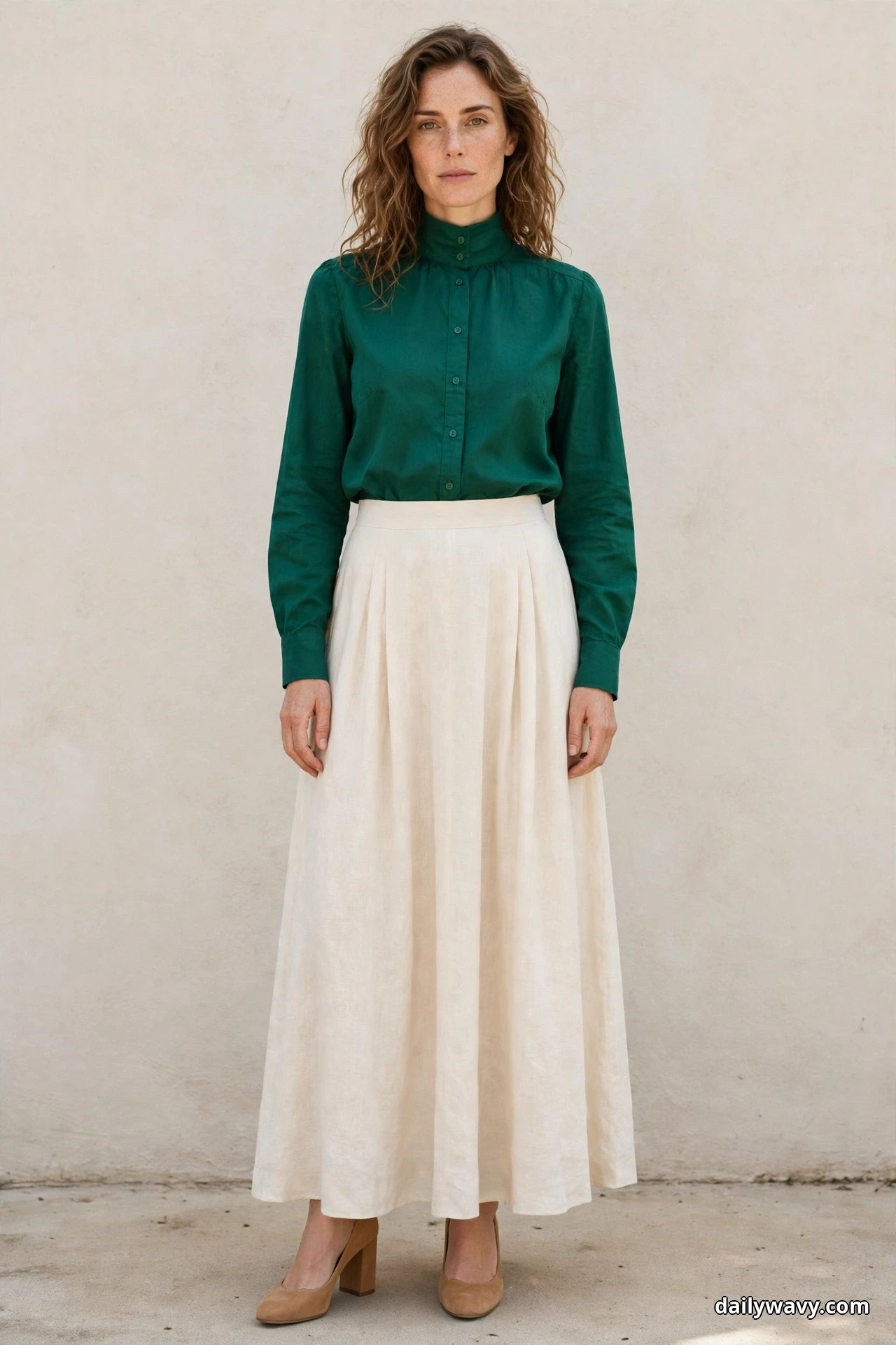 A woman stands full length wearing an emerald high-neck long-sleeve blouse tucked into a flowing cream maxi skirt, with tan block heels