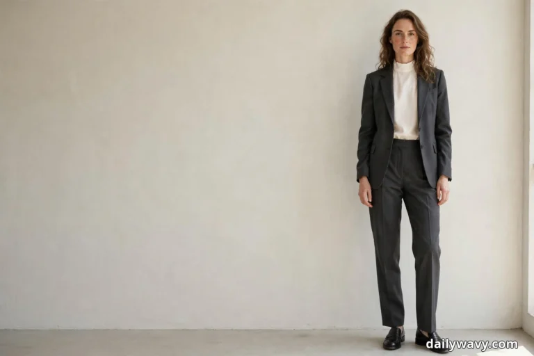 A woman stands full length in a bright room against a plain cream wall wearing an ivory high-neck blouse under an open charcoal tailored blazer with matching straight-leg trousers and black leather loafers