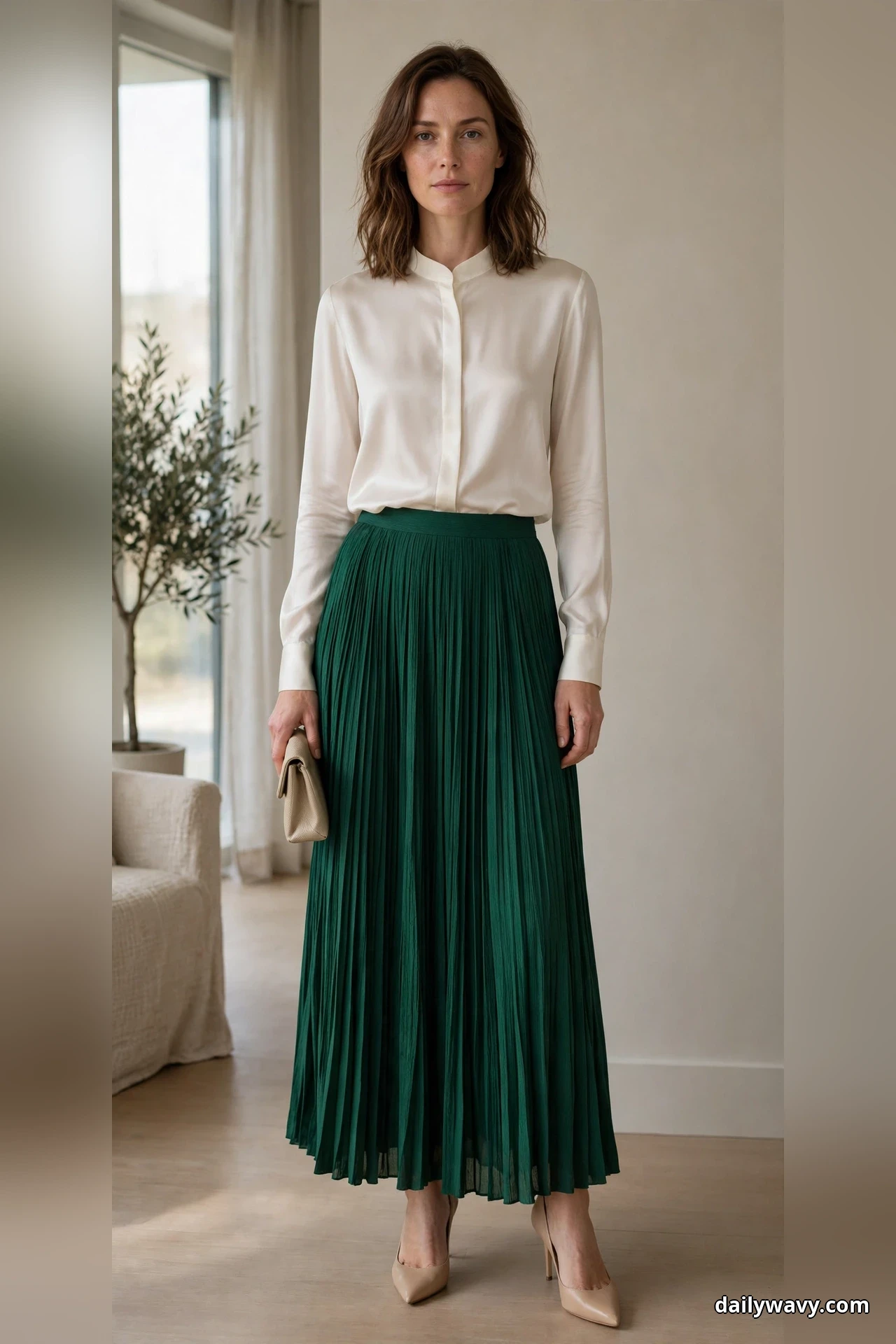 A woman stands full length indoors wearing an ivory long-sleeve satin blouse with a band collar tucked into an emerald pleated full-length skirt, holding a beige clutch, with nude pointed heels