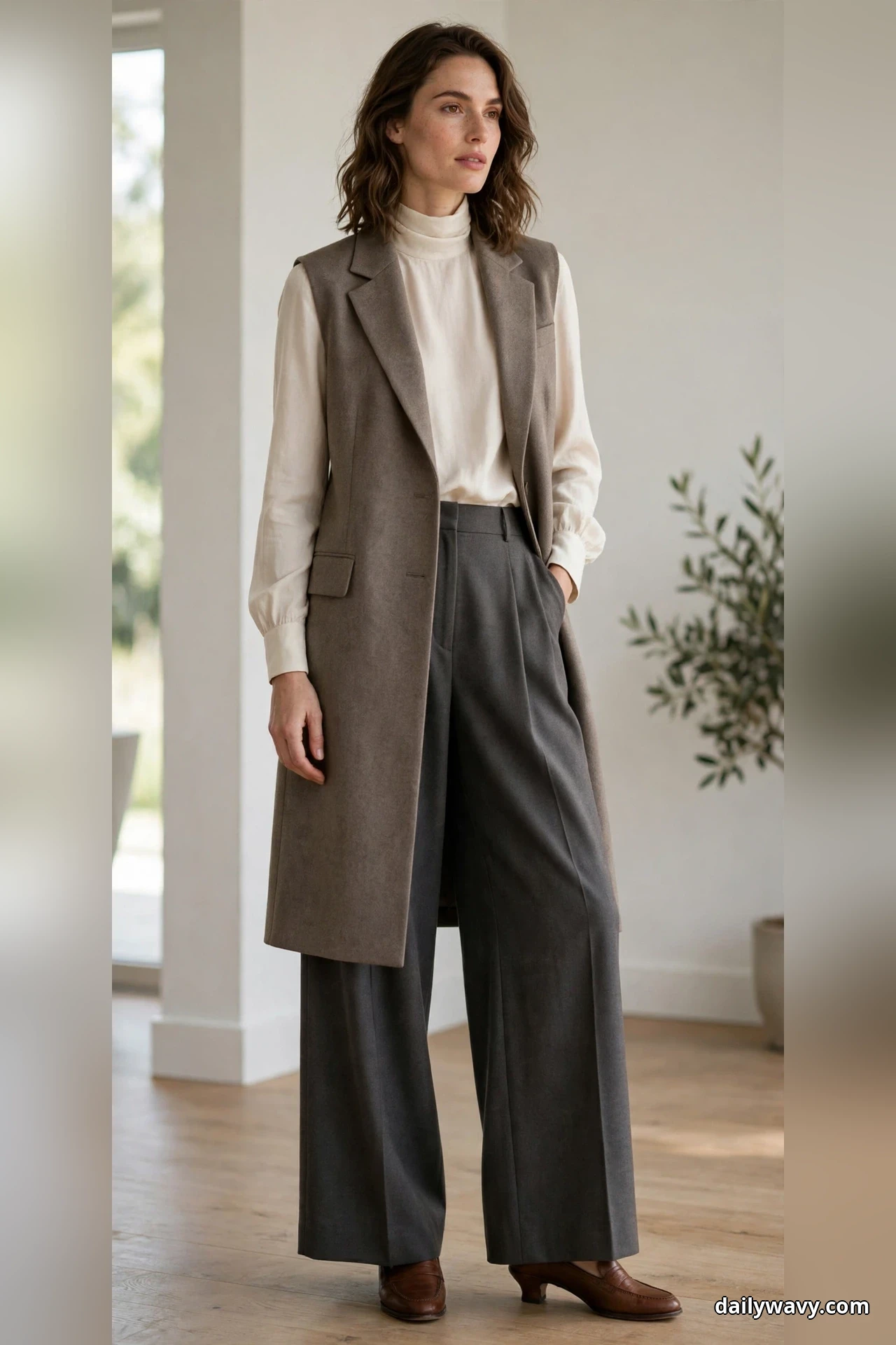 A woman stands full length indoors wearing a long taupe sleeveless waistcoat over a cream high-neck blouse with charcoal wide palazzo trousers and brown heeled loafers