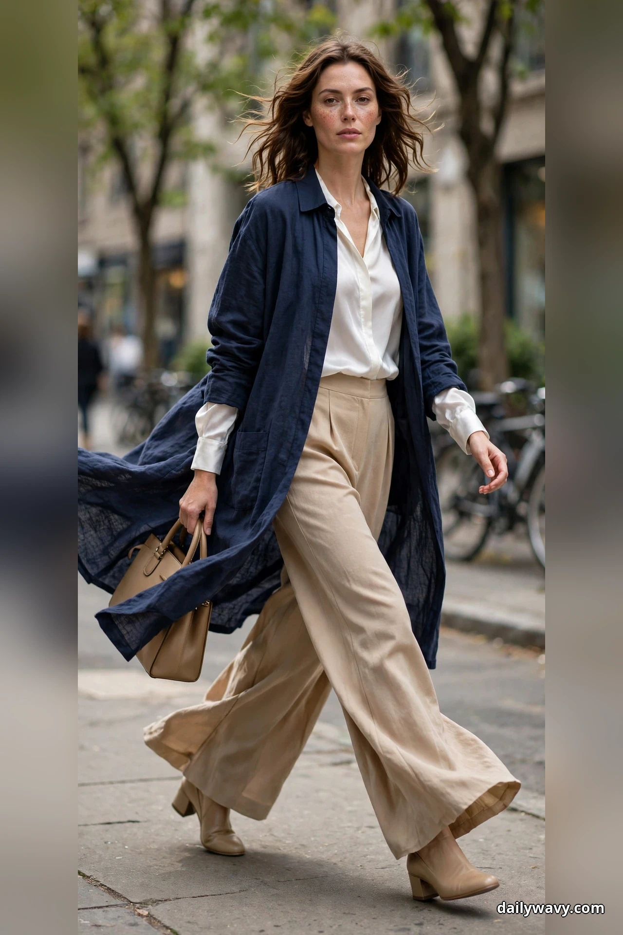 A woman walks along a city sidewalk wearing a long navy overshirt open over a white satin blouse with wide sand trousers, carrying a structured tan handbag, with tan block heels