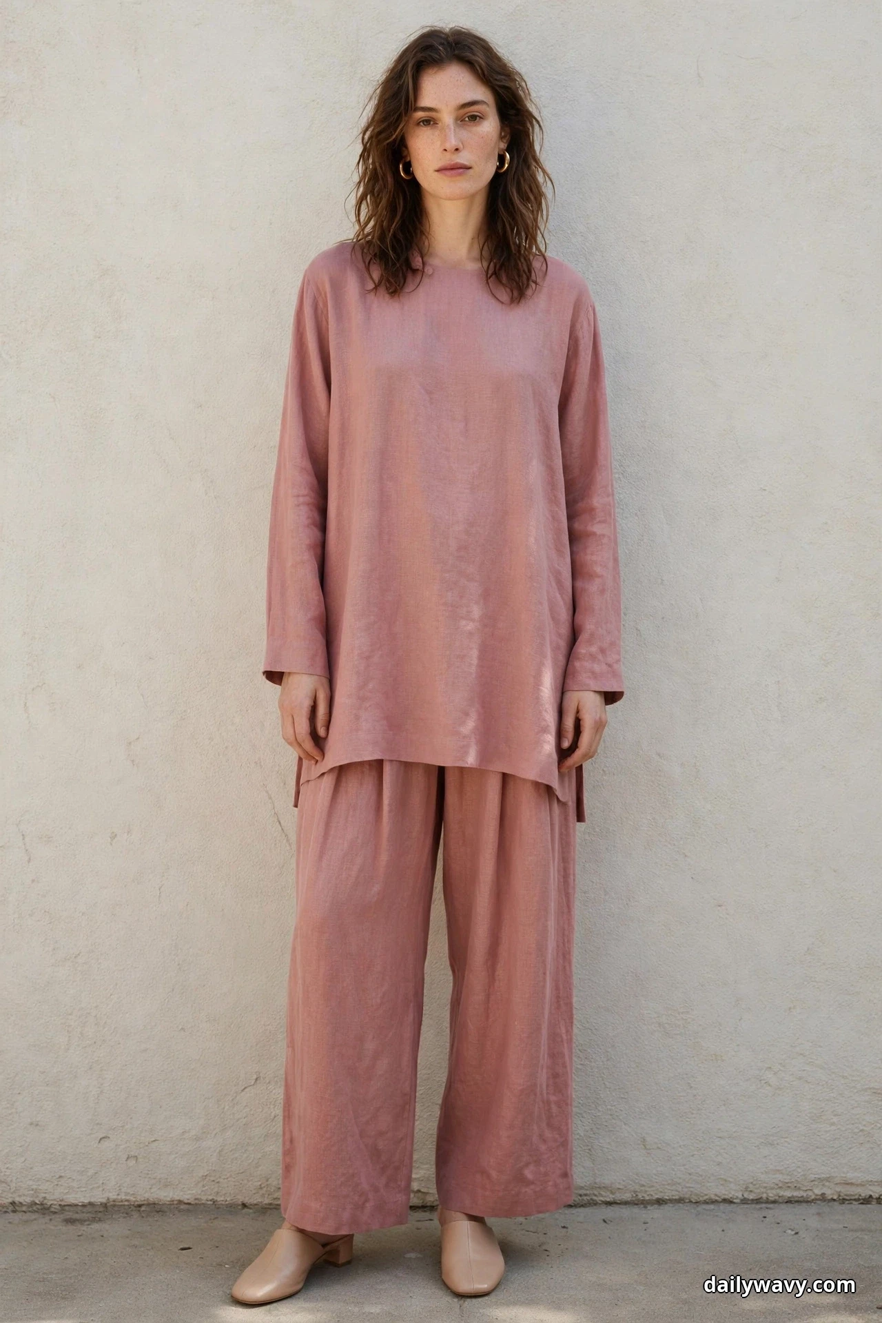 A woman stands full length against a plain wall wearing a loose dusty-rose long-sleeve tunic with matching wide trousers, gold hoop earrings and nude mules