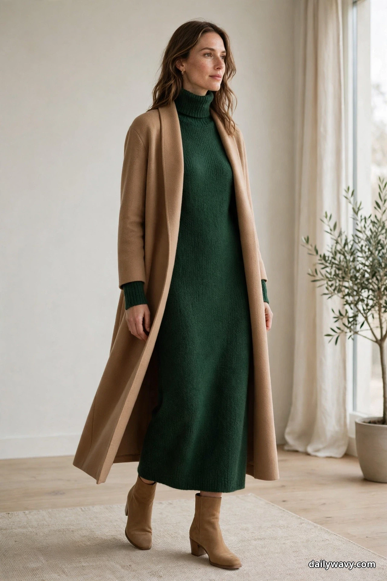 A woman stands full length indoors wearing a forest-green high-neck knit dress under a long camel open coat, with tan ankle boots on a low block heel