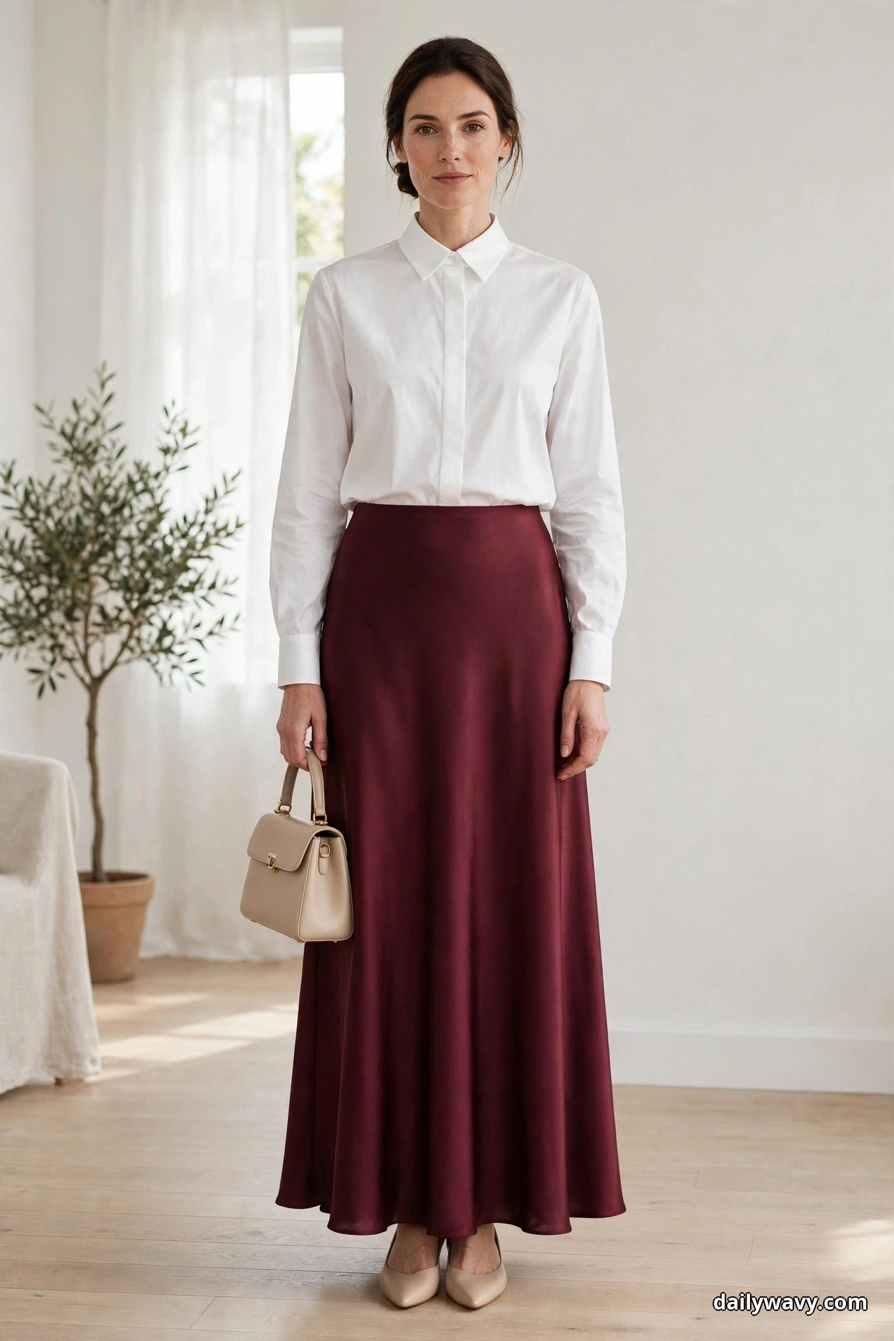 A woman stands full length indoors wearing a white collared poplin blouse tucked into a floor-length burgundy satin skirt, holding a beige top-handle bag, with nude pointed flats