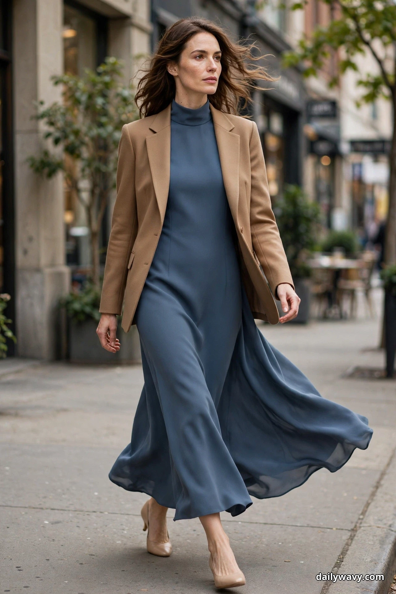 A woman walks along a city sidewalk wearing a slate-blue high-neck full-length dress under a tailored camel blazer, with nude low heels