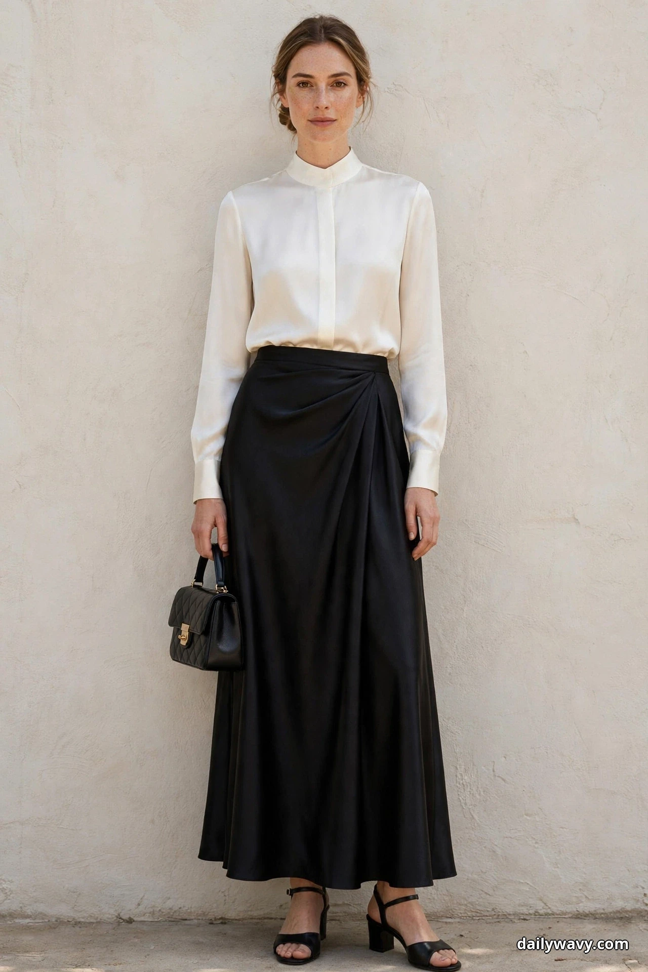 A woman stands full length against a plain wall wearing an ivory long-sleeve blouse tucked into a black satin maxi skirt, holding a black structured mini bag, with black block-heel ankle-strap sandals