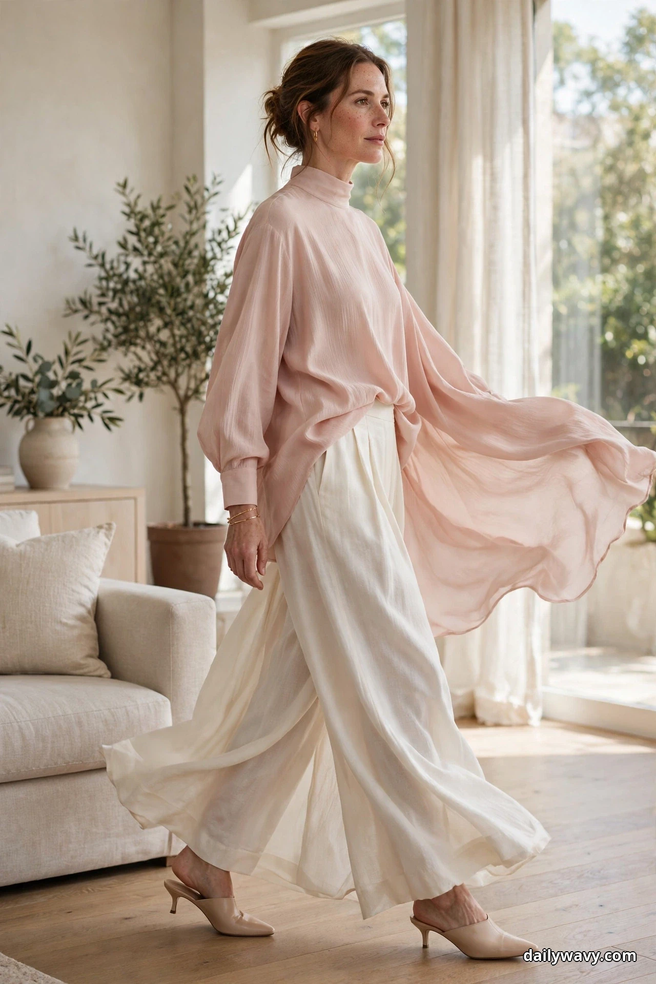 A woman walks across a bright room wearing a loose blush-pink long-sleeve blouse half-tucked into wide full-length ivory trousers, with nude kitten-heel mules