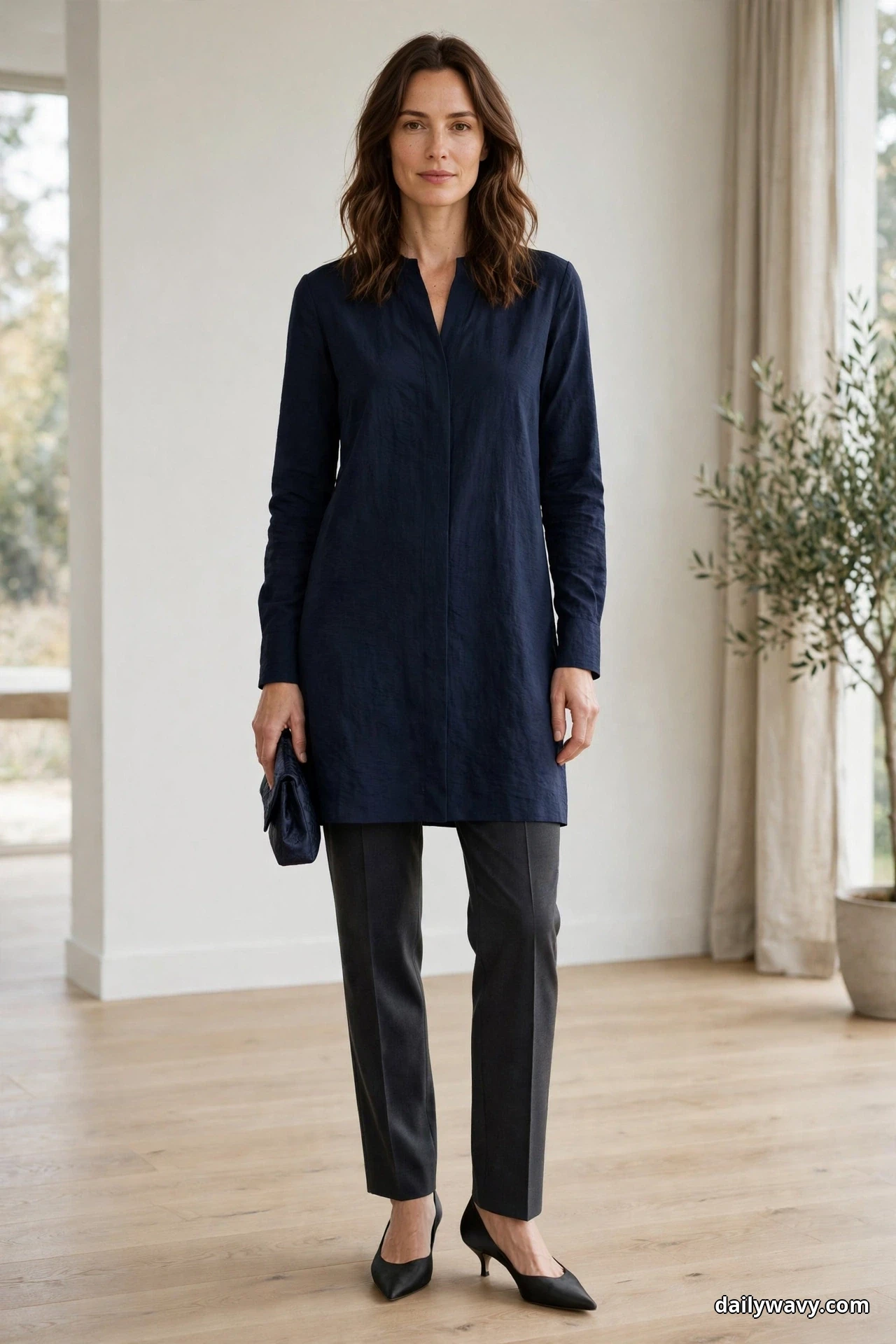 A woman stands full length indoors wearing a long navy tunic over straight charcoal trousers, holding a navy clutch, with black pointed low-heel pumps