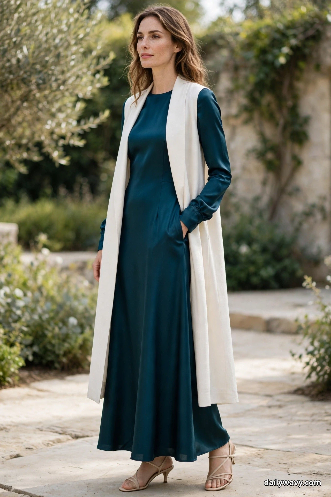 A woman stands on a garden path wearing a deep-teal satin full-length dress with long sleeves under a longline ivory duster worn open, with strappy nude low heels