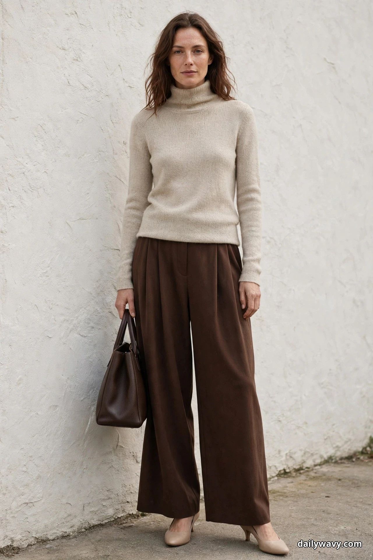 A woman stands full length against a textured wall wearing an oatmeal long-sleeve fine-knit turtleneck top tucked into wide chocolate trousers, carrying a dark brown tote, with nude low-heel pumps