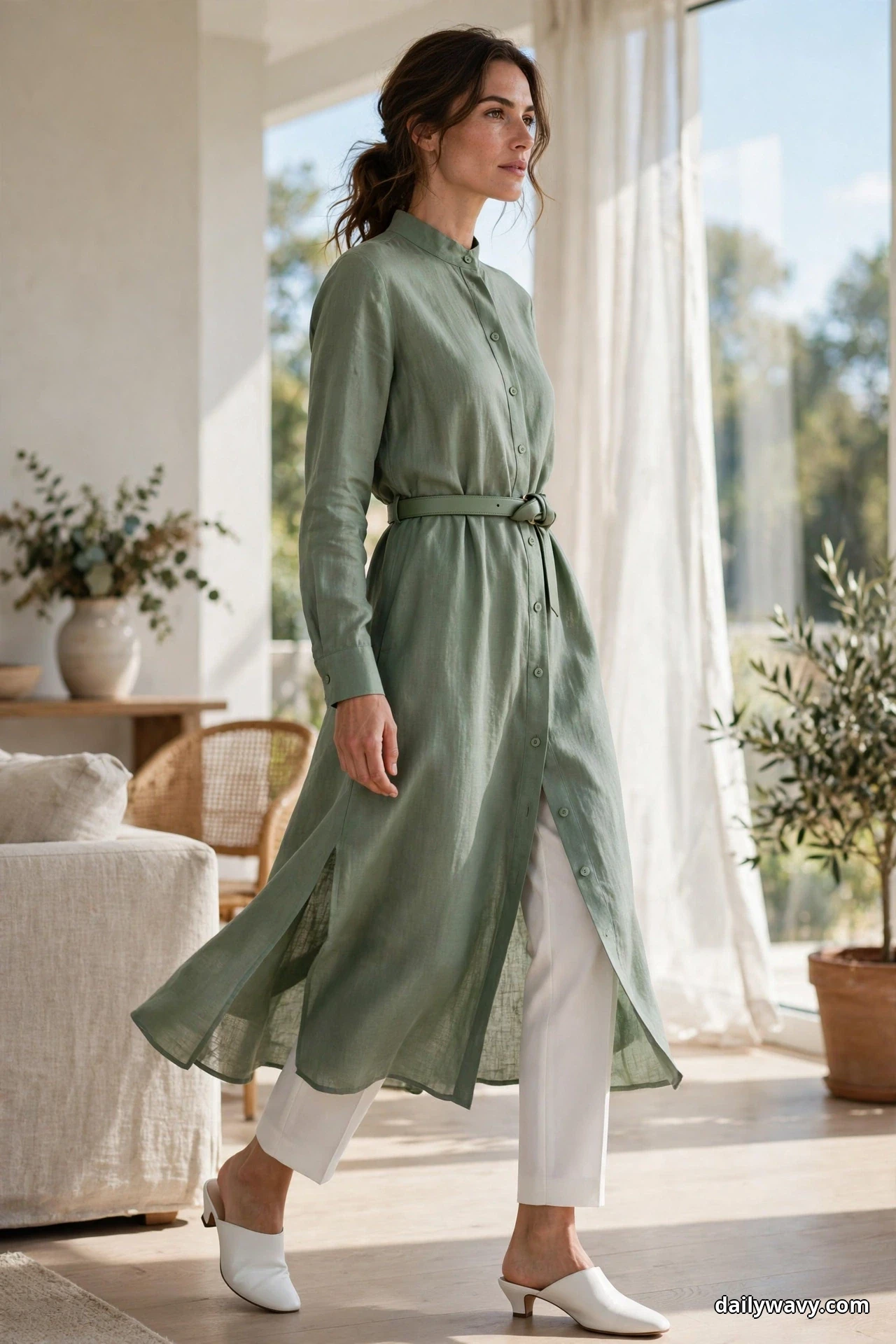A woman walks across a bright room wearing a belted sage-green shirt dress over straight white trousers, with white low-heel mules