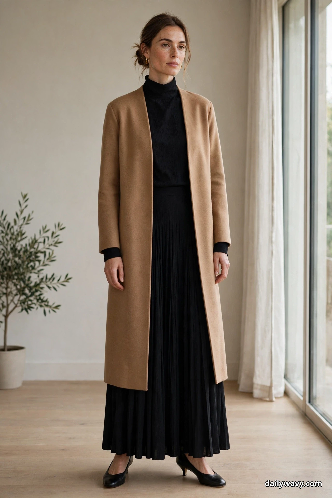 A woman stands full length indoors wearing a long camel collarless jacket over a black high-neck top with a black floor-length pleated skirt and black low-heel pumps