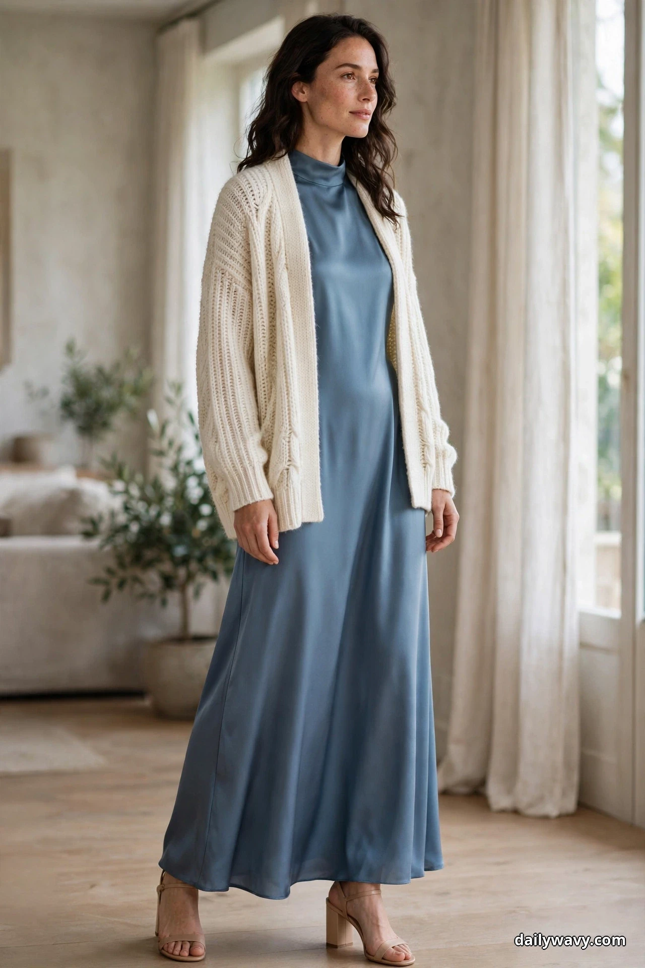 A woman stands full length indoors wearing a loose ivory chunky-knit cardigan open over a full-length dusty-blue satin dress, with nude block-heel sandals