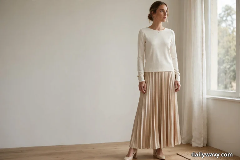A woman stands full length beside a bright window wearing an ivory long-sleeve crew-neck top with a champagne pleated full-length skirt and nude block heels