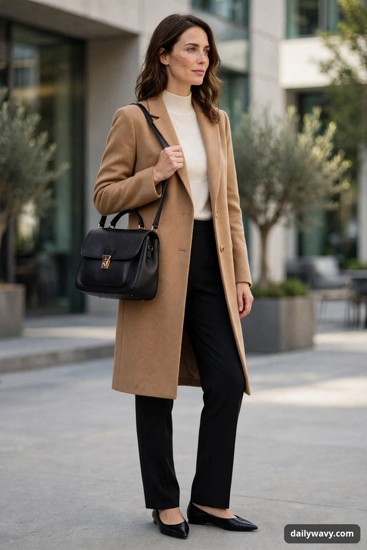A woman stands outdoors wearing a camel longline blazer over a cream mock-neck top and black straight-leg trousers, with black pointed flats and a black satchel on her shoulder.