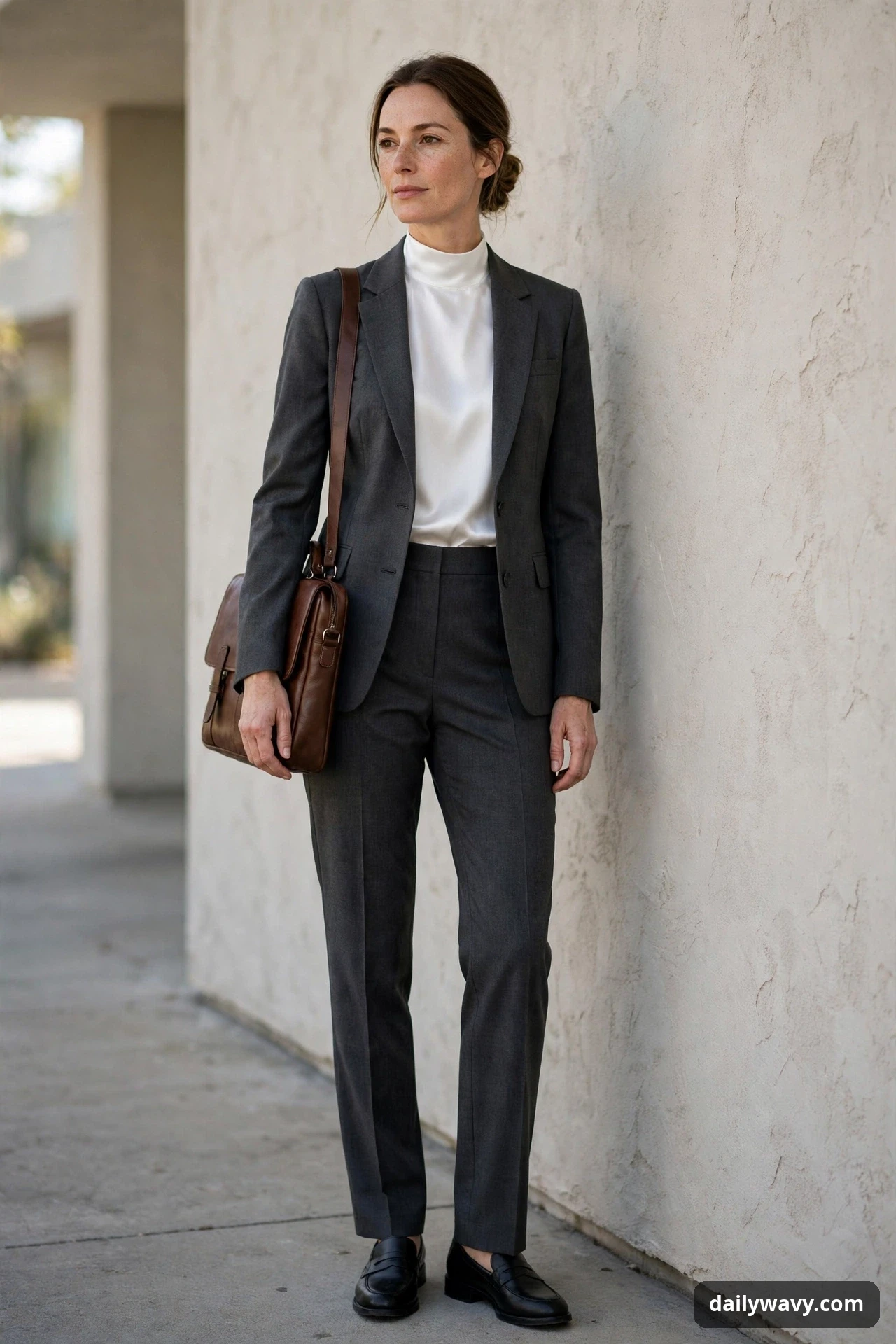 A woman leans against a pale wall wearing a white high-neck satin blouse under a charcoal tailored suit, with black loafers on her feet and a brown leather bag over her shoulder.