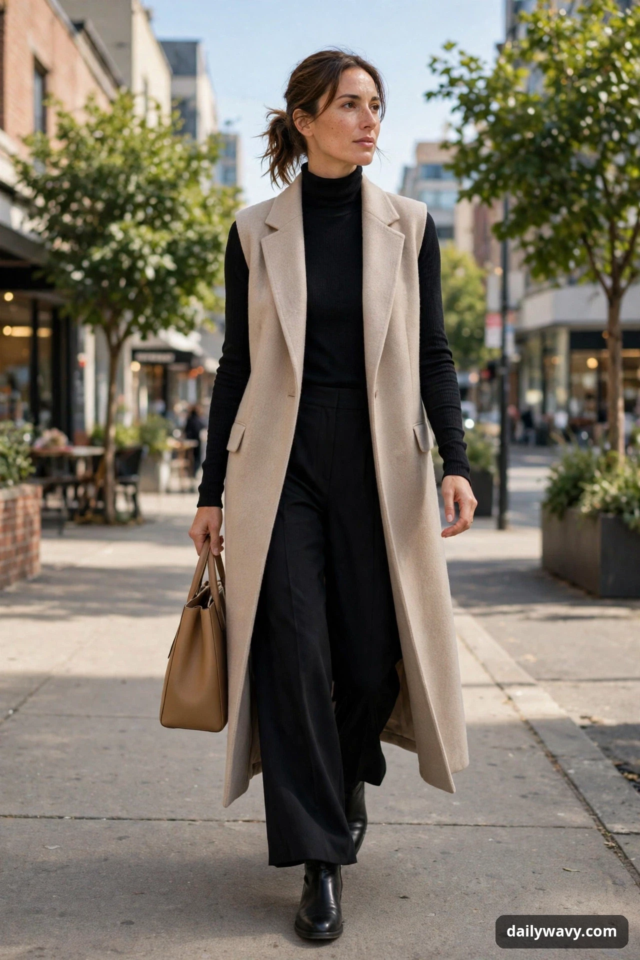 A woman walks along a city sidewalk wearing a beige long waistcoat over a black turtleneck and black wide-leg trousers, with black ankle boots and a tan tote in her hand.