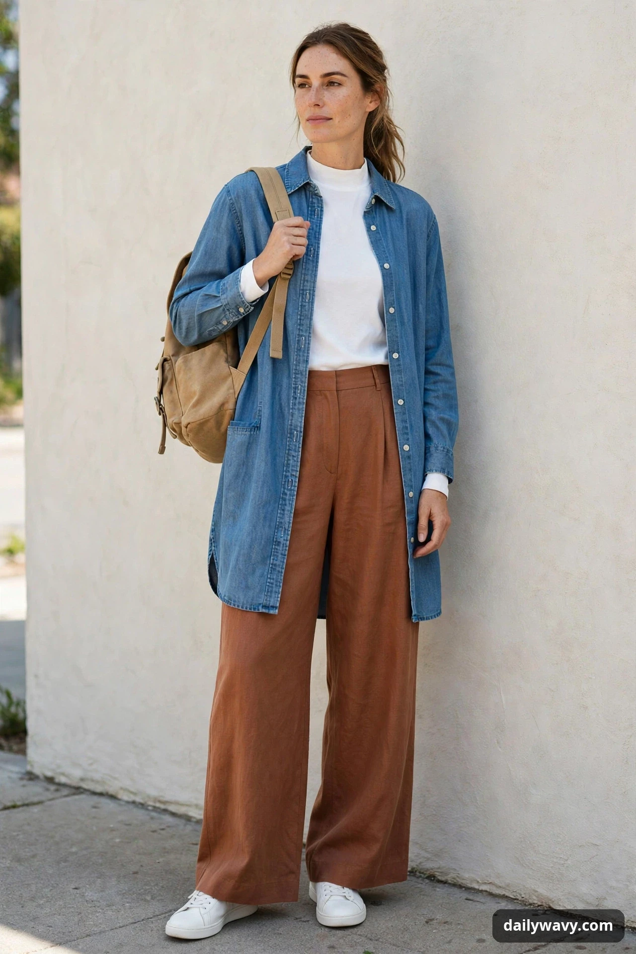 A woman leans against a pale wall wearing a chambray longline overshirt open over a white mock-neck top, with rust wide-leg trousers, white sneakers and a tan canvas backpack.