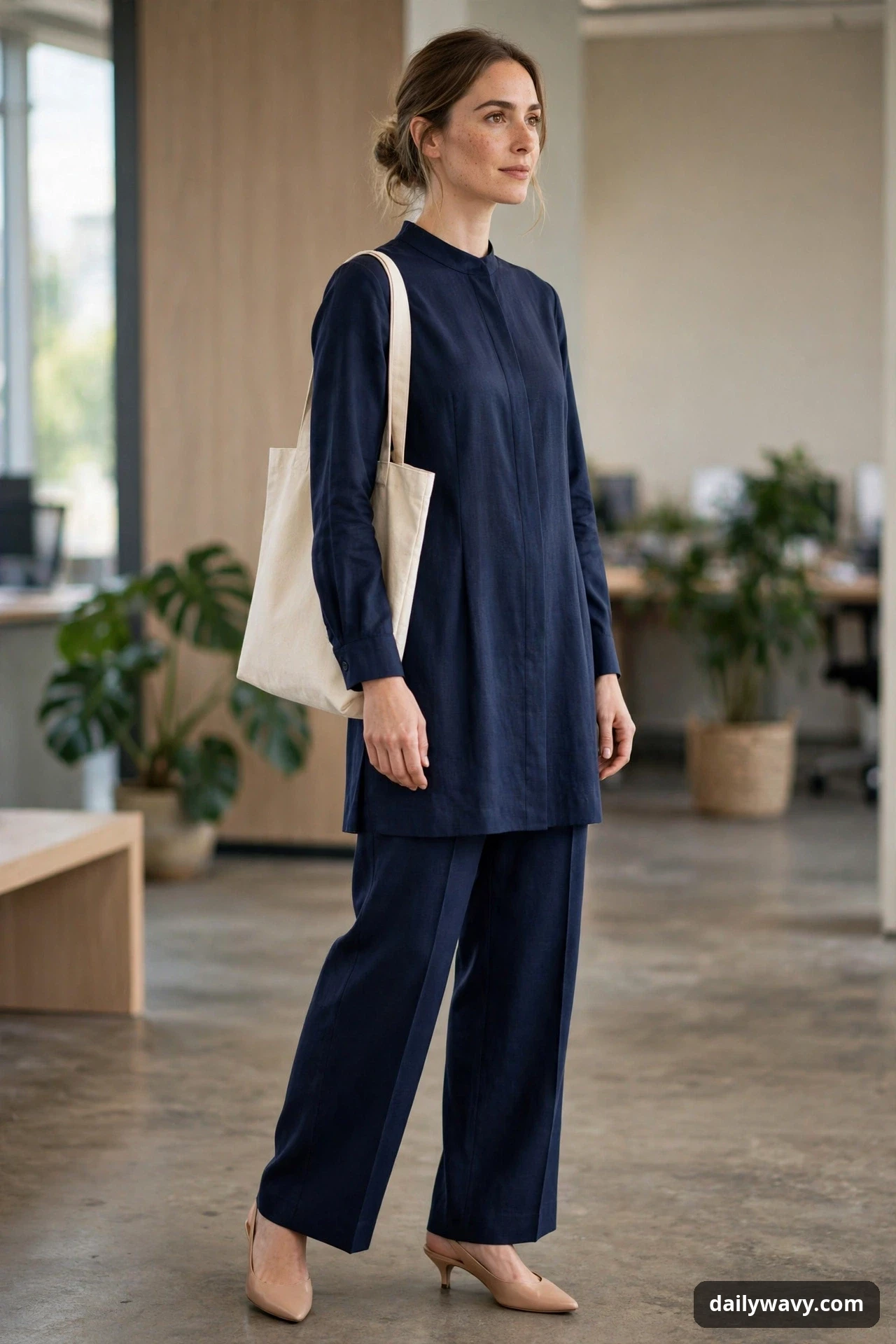 A woman stands in an office wearing a navy tunic and matching straight trousers with full-length sleeves, nude kitten heels and a cream tote over her shoulder.