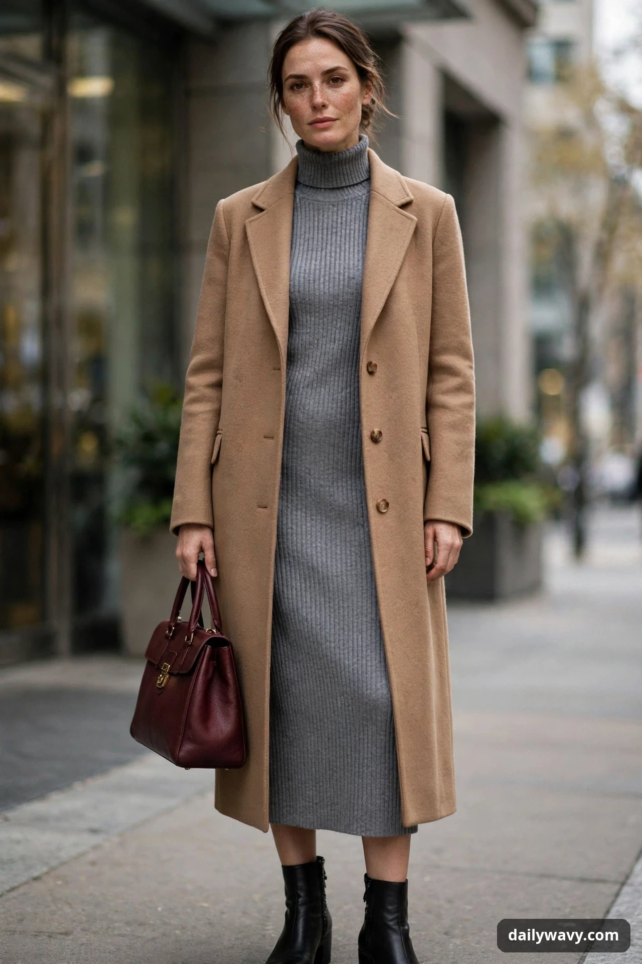 A woman stands on a city sidewalk wearing a gray high-neck ribbed knit midi dress under a long camel coat, with black ankle boots and a burgundy handbag in her hand.