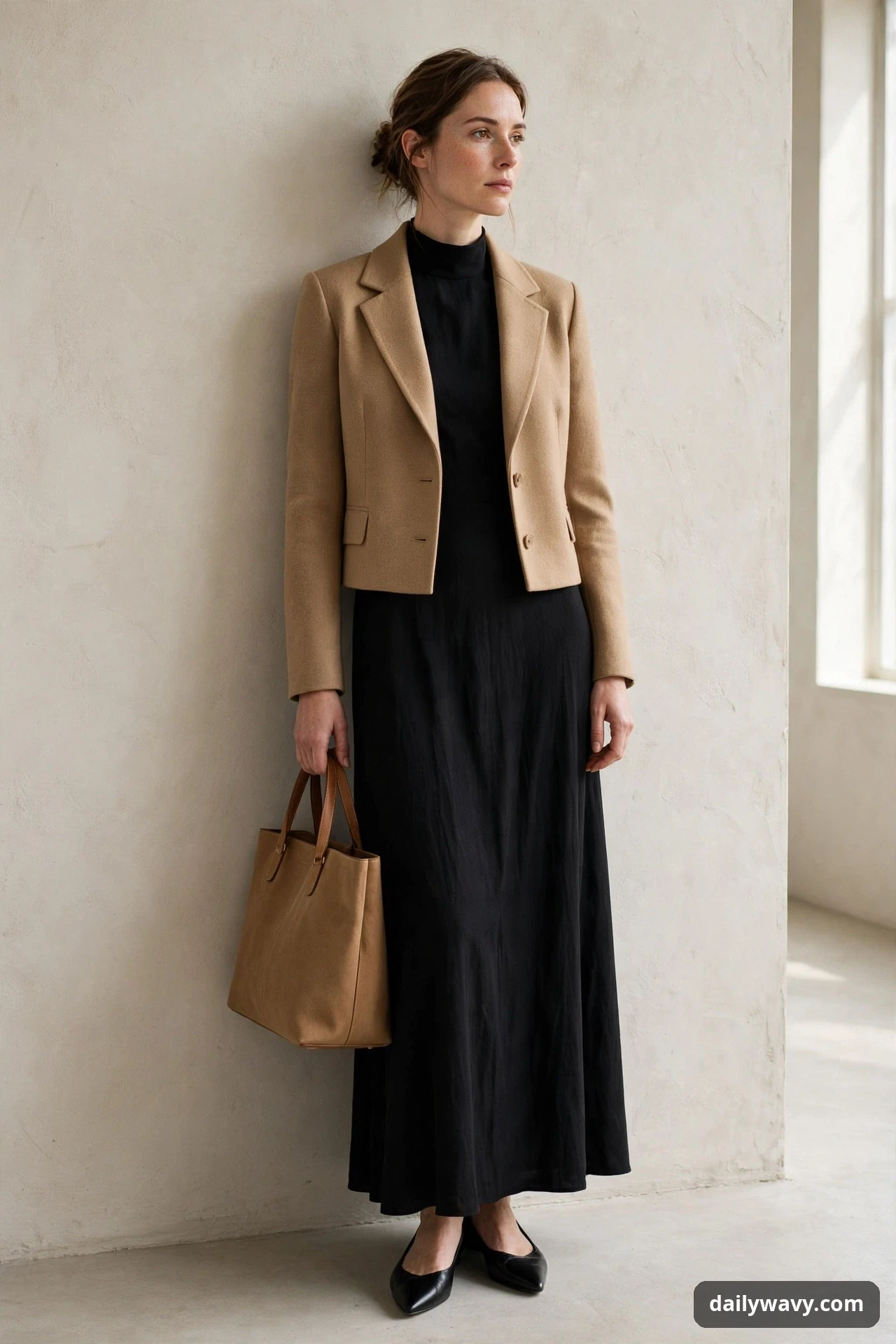 A woman leans against a pale wall wearing a black full-length dress under a tan cropped tailored jacket, with black pointed flats and a camel tote in her hand.