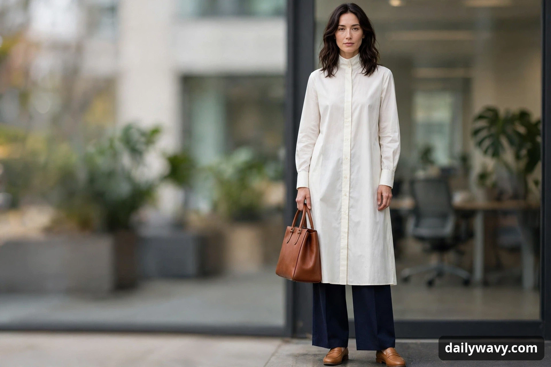 A woman stands outside a glass office entrance wearing a long ivory buttoned shirt dress layered over navy wide-leg trousers, with tan loafers on her feet and a cognac tote in her hand.