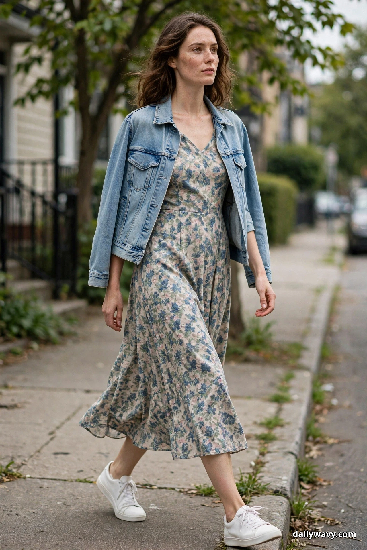 A woman walks along a tree-lined sidewalk wearing a muted blue and pink floral midi dress under a light-wash denim jacket worn open, with white sneakers