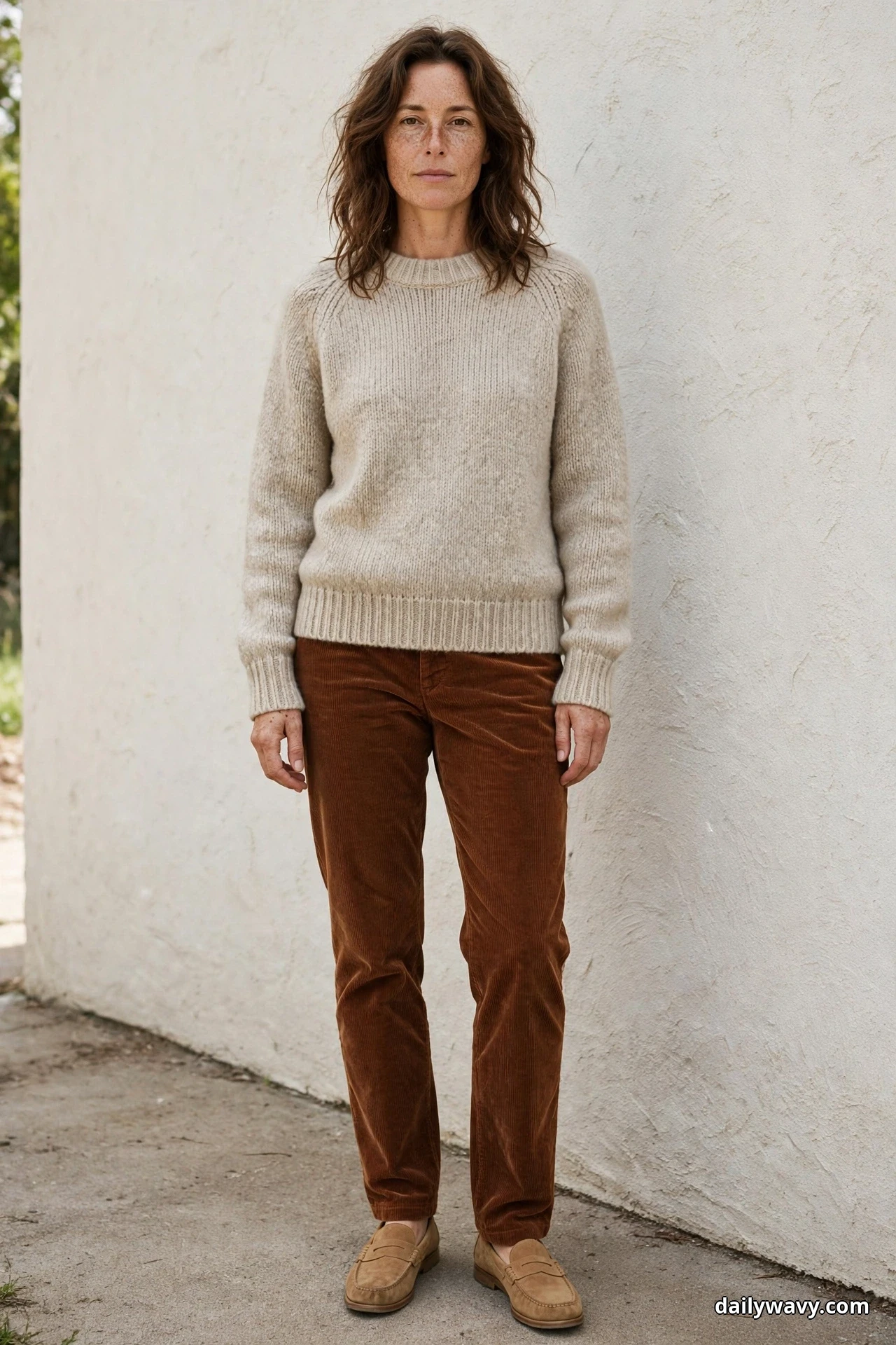 A woman stands full length against a textured cream wall wearing an oatmeal chunky crewneck knit sweater with rust-brown corduroy straight trousers and tan loafers
