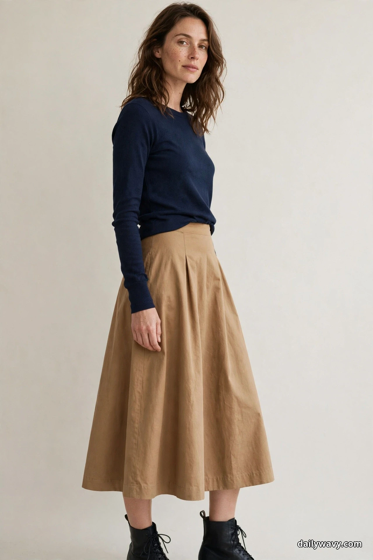 A woman stands in a three-quarter turn against a plain light background wearing a navy fitted long-sleeve top tucked into a camel A-line midi skirt, with black lace-up ankle boots