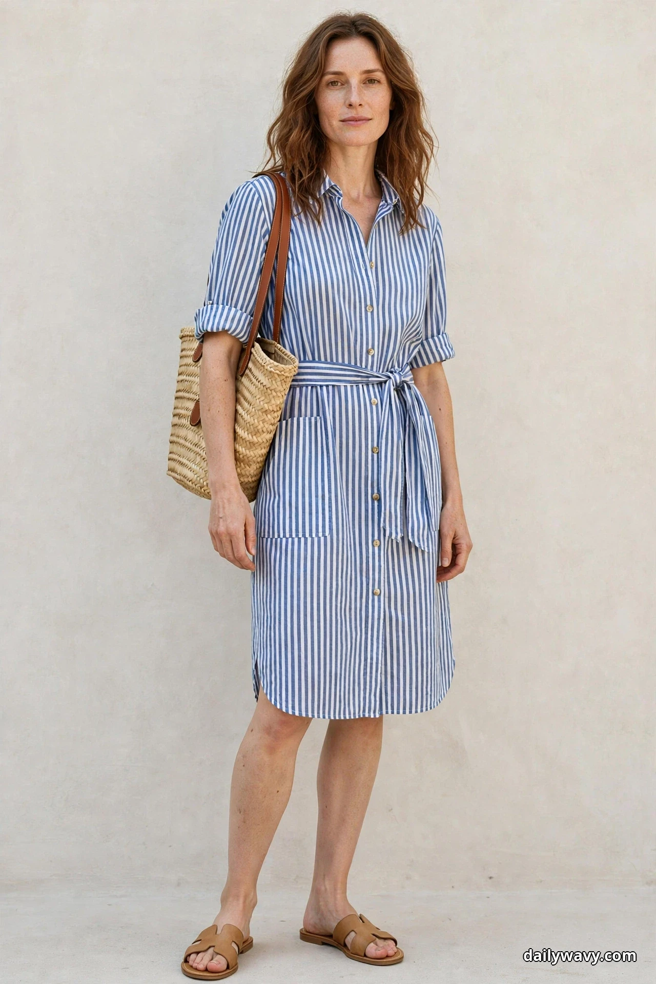 A woman stands full length against a plain cream wall wearing a blue and white striped shirt dress with a self belt tied at the waist, carrying a woven straw tote on her shoulder, with tan flat slide sandals