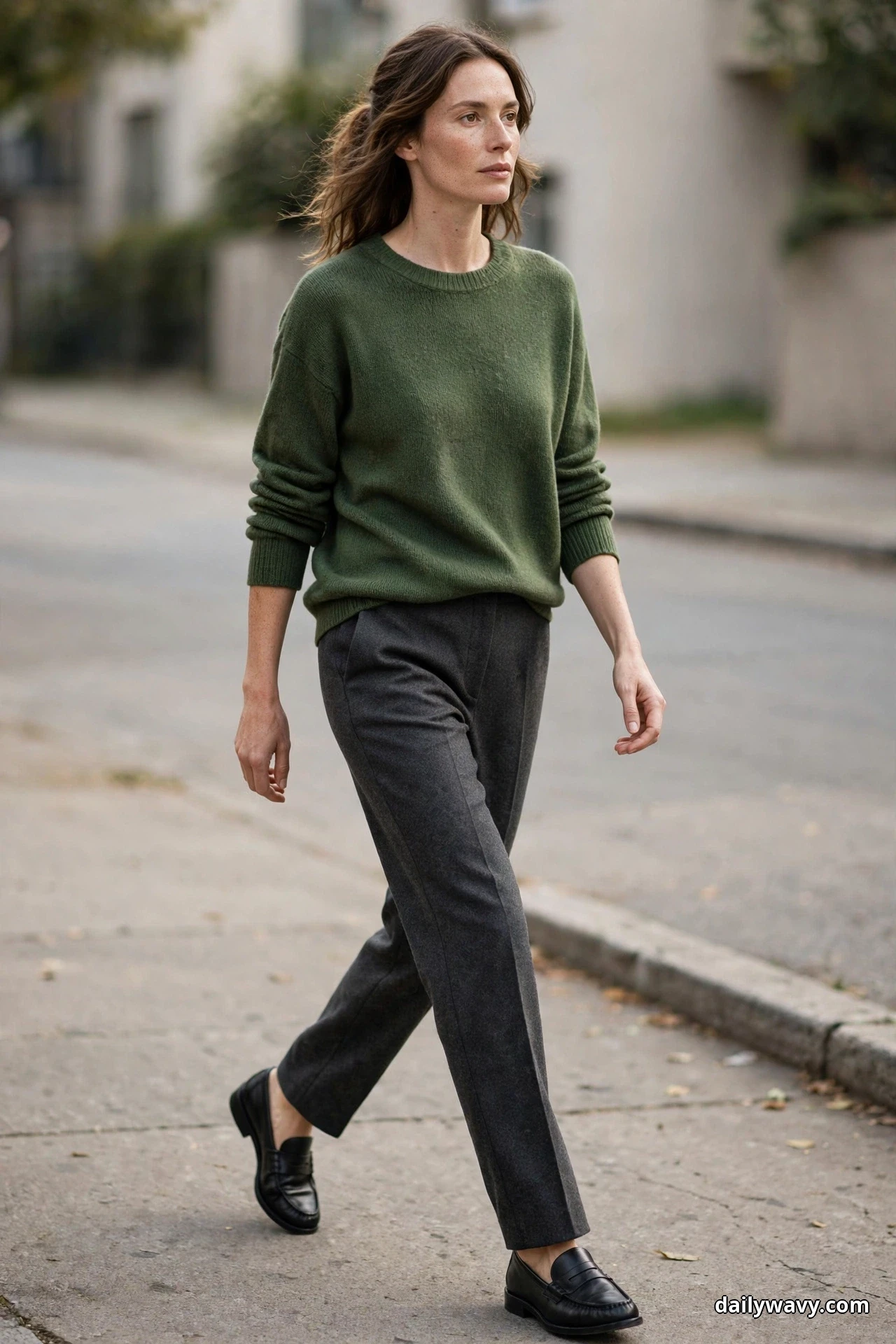 A woman walks along a city sidewalk wearing a forest-green relaxed crewneck sweater with charcoal straight trousers and black penny loafers
