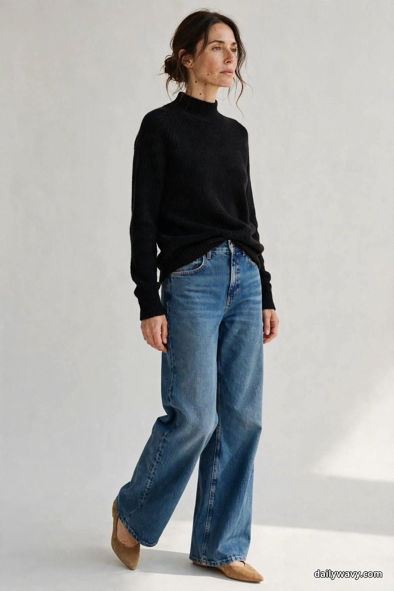 A woman stands in a three-quarter turn against a plain light background wearing a black mock-neck knit sweater half-tucked into medium-wash wide-leg jeans, with tan pointed flats
