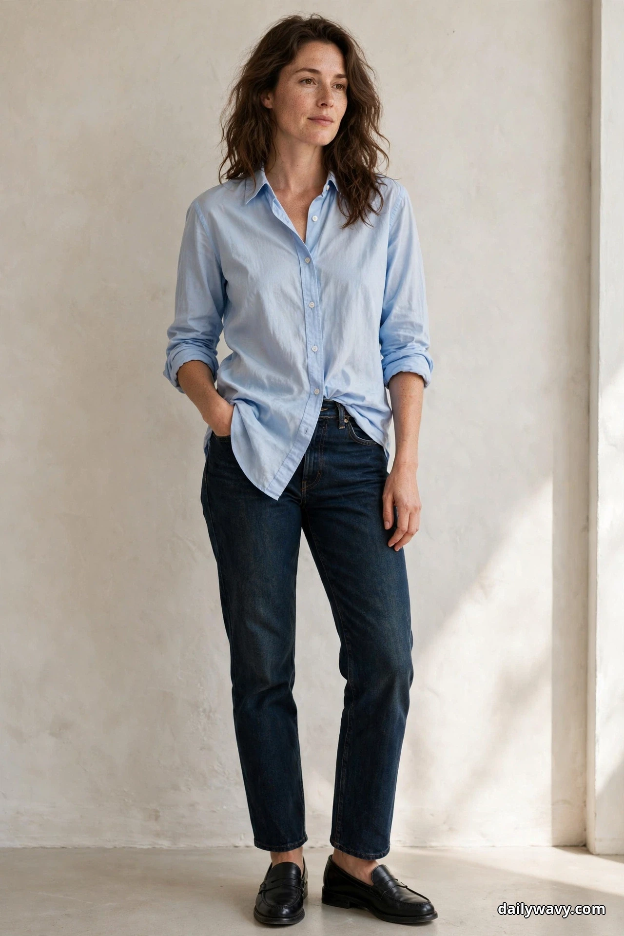 A woman stands full length indoors against a plain cream wall wearing a light-blue cotton shirt half-tucked into dark straight jeans, with black penny loafers