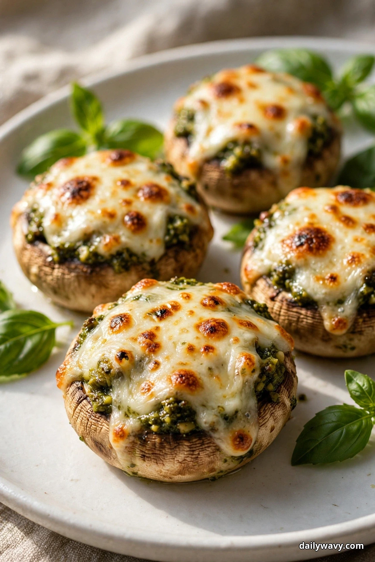 A close view shows mushroom caps filled with basil pesto and covered with melted mozzarella that browns in golden spots, with fresh basil leaves beside them