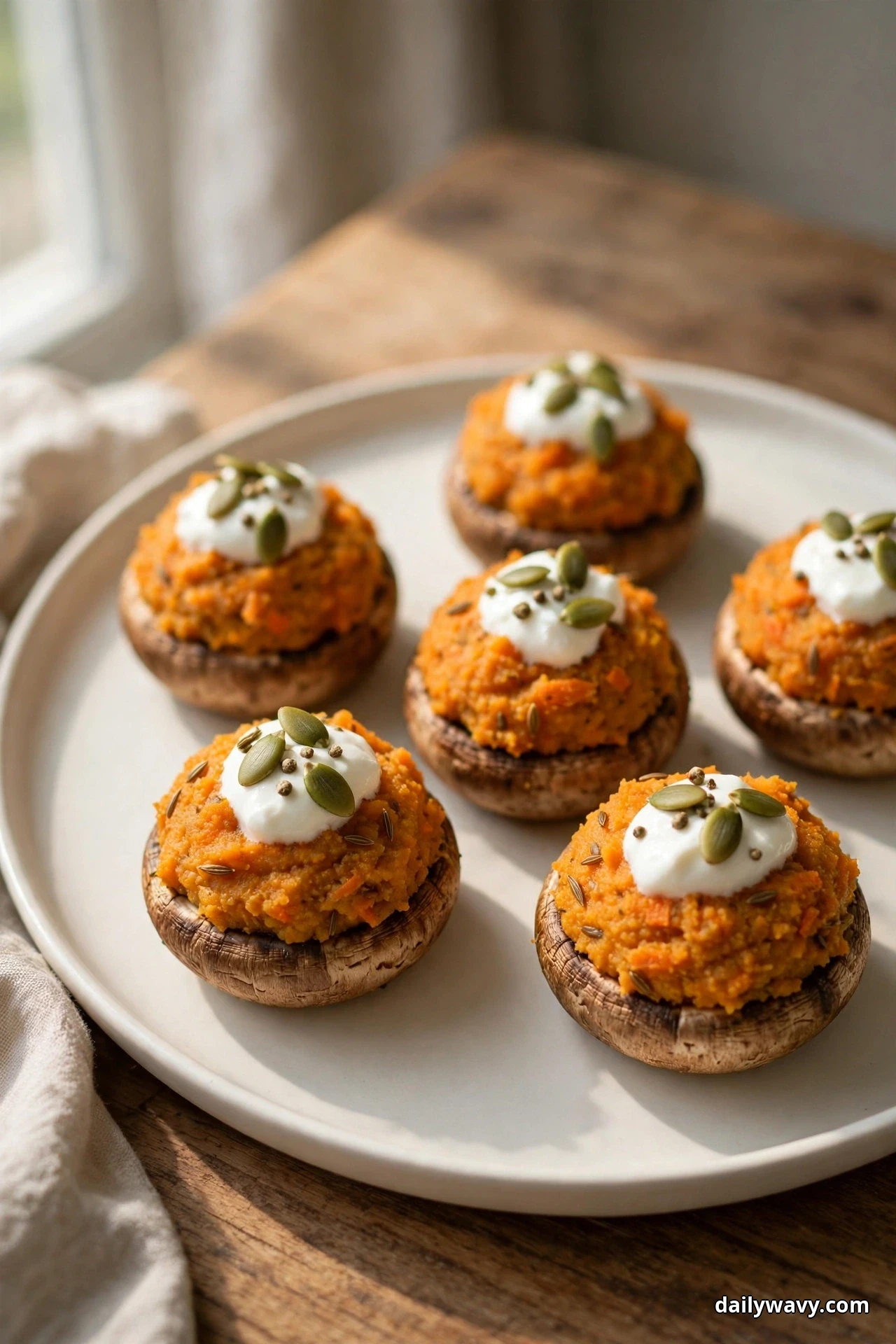 A plate of mushroom caps holds a mashed roasted carrot filling topped with a dollop of yogurt and toasted pumpkin seeds