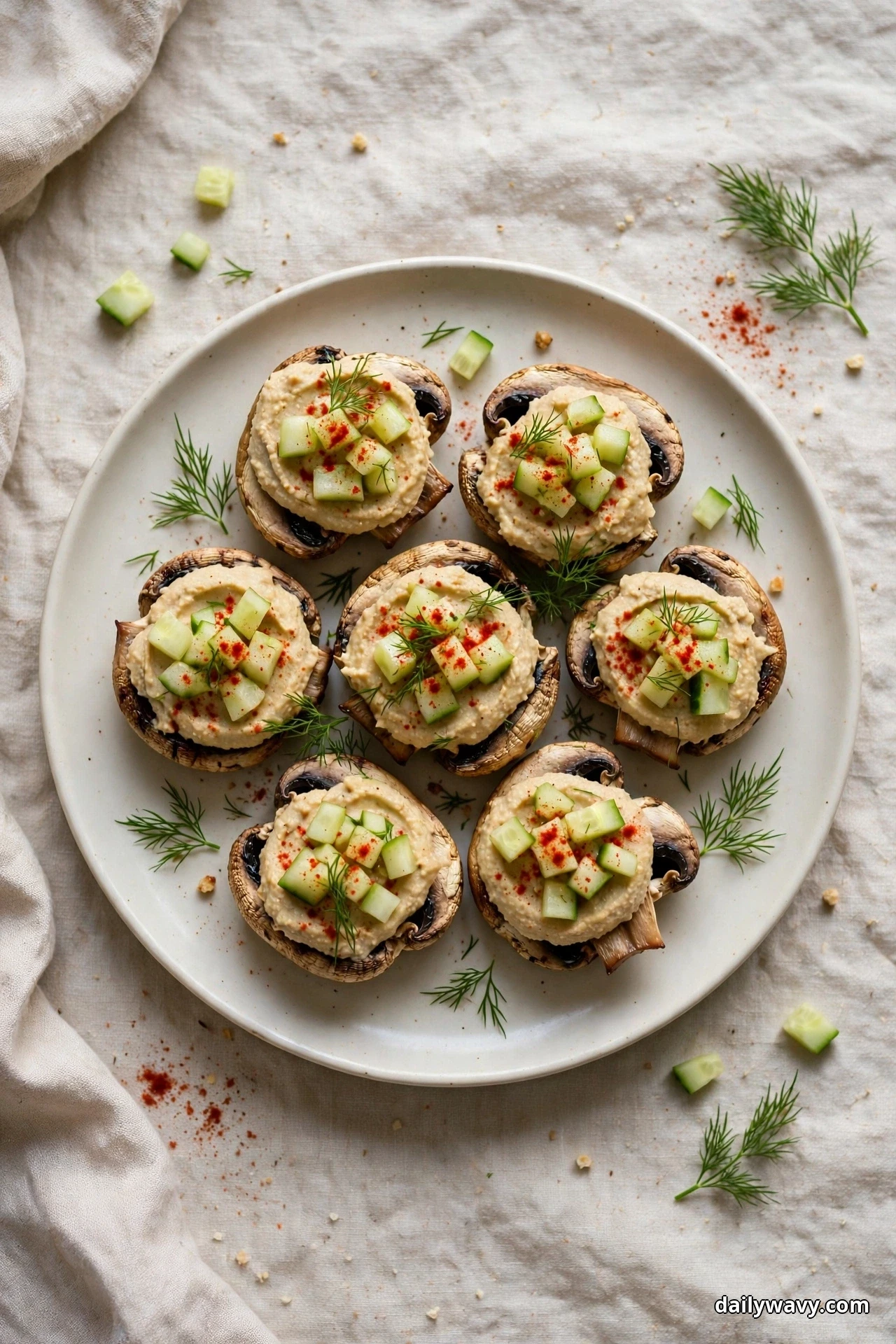 An overhead view shows roasted mushroom caps filled with hummus and topped with diced cucumber, a dusting of paprika, and dill fronds