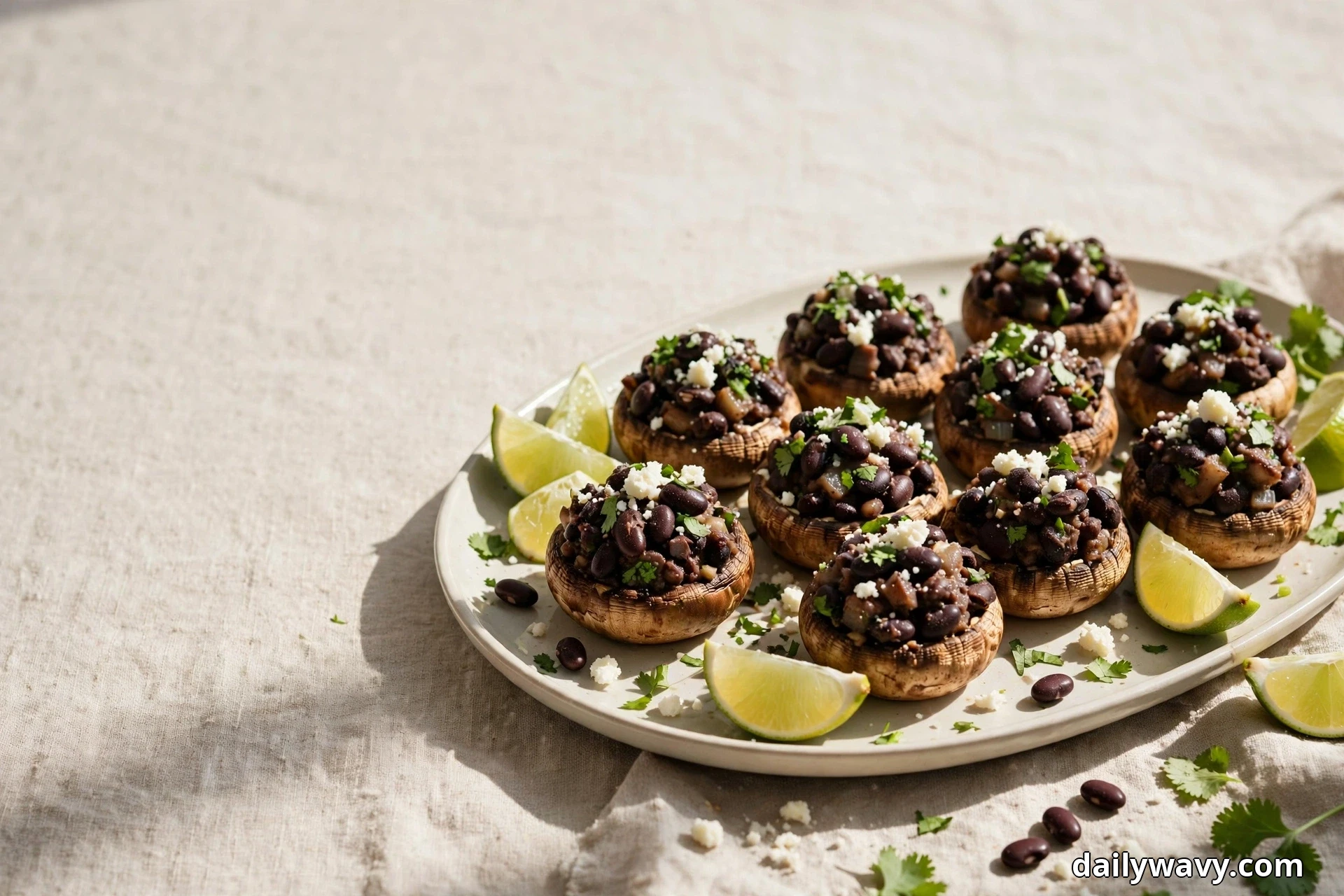 A wide view shows a platter of mushroom caps stuffed with black bean filling and topped with crumbled cotija and cilantro, with lime wedges arranged around them